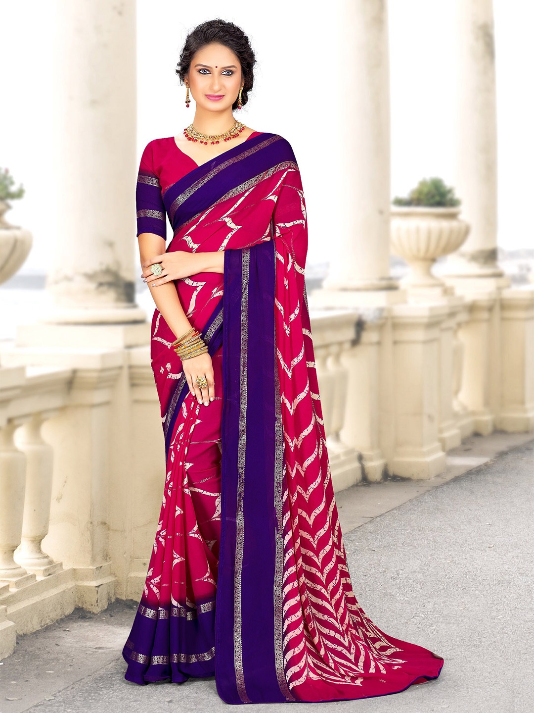 

Panzora Zari Printed Saree With Blouse Piece, Pink