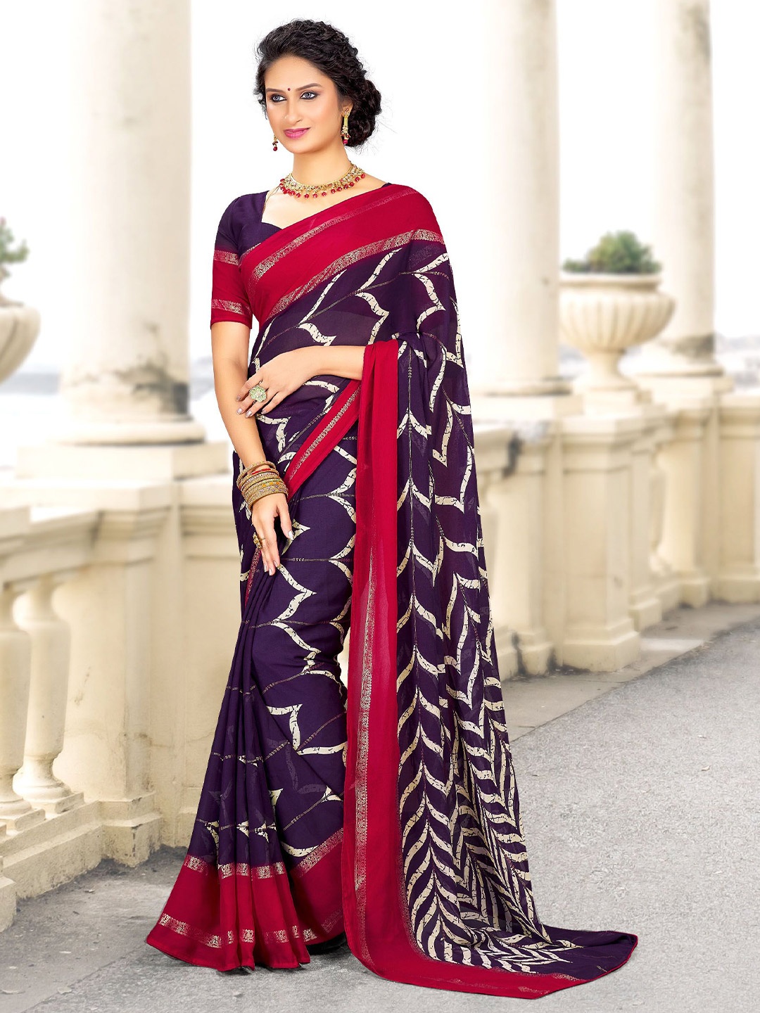 

Panzora Printed Zari Saree With Blouse Piece, Purple
