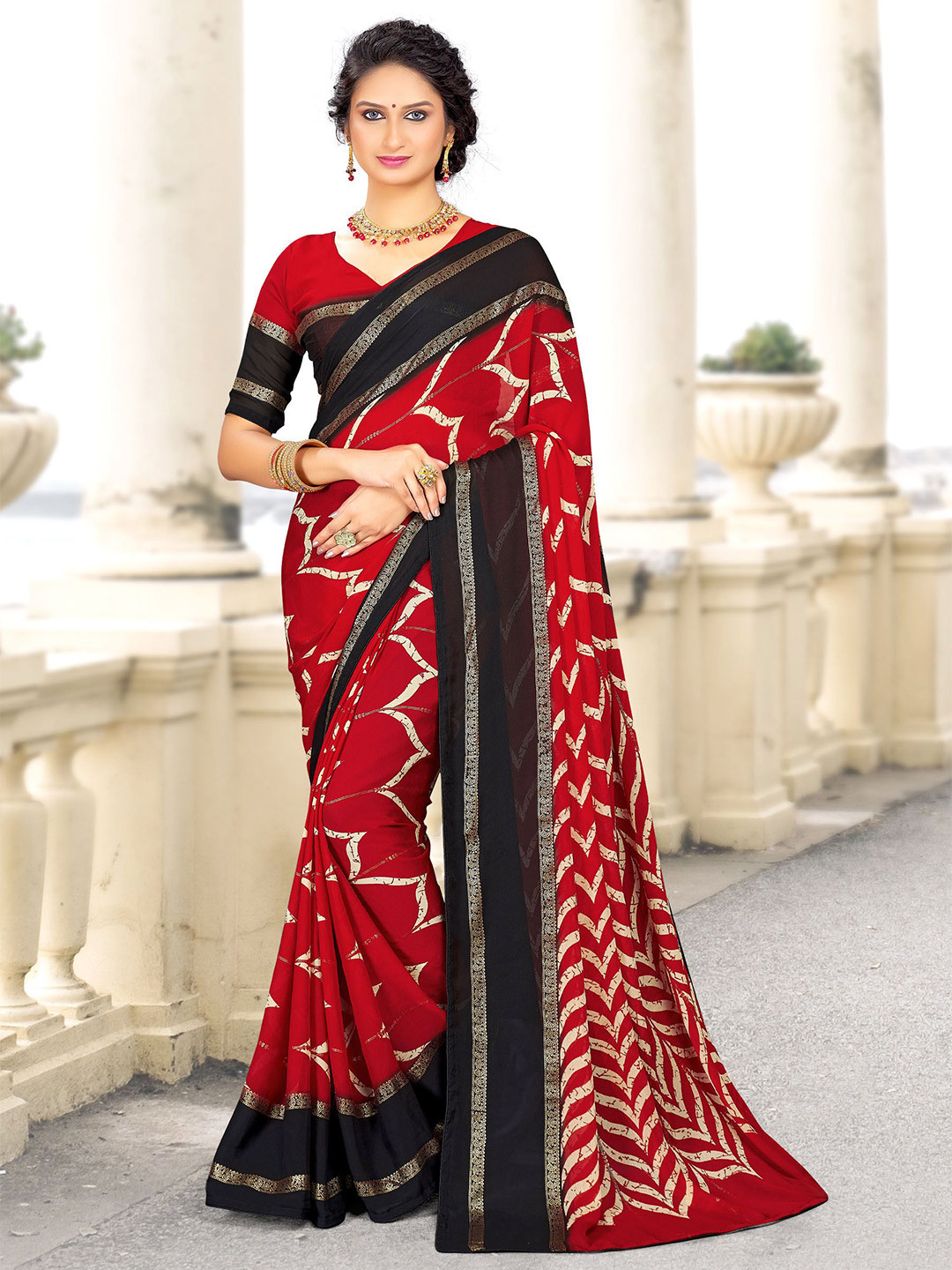 

Panzora Ethnic Motifs Printed Saree, Red