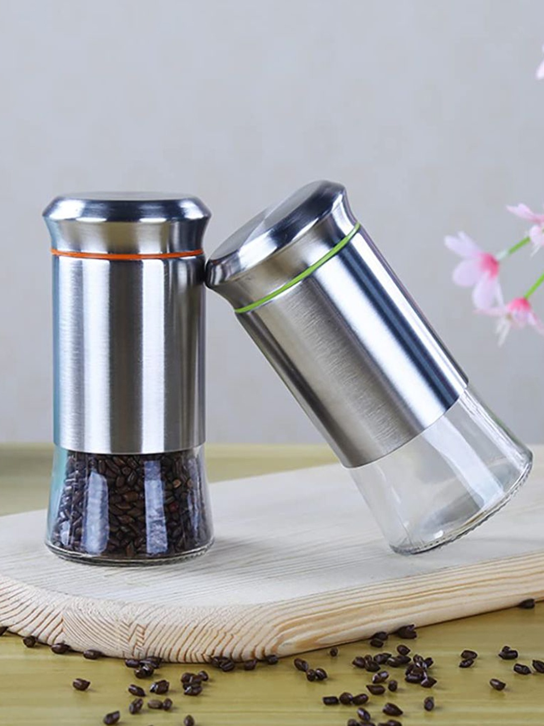 

P-Plus International Silver Toned 2 Pieces Glass Seasoning Jars With Lid