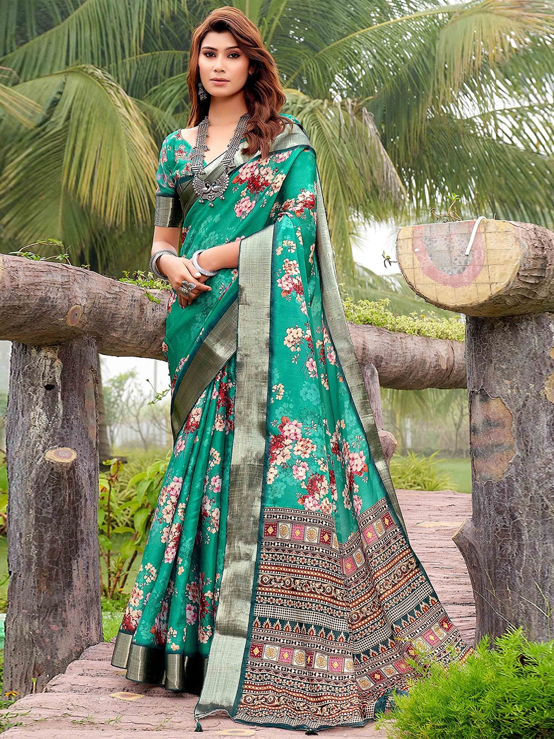 

Panzora Floral Printed Zari Tussar Saree, Teal