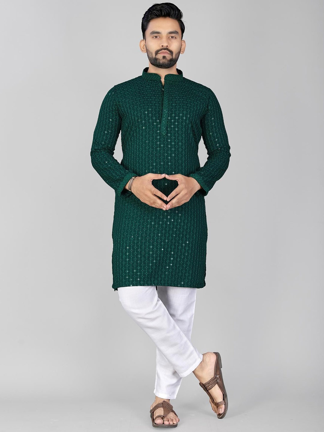 

allan peter Mandarin Collar Thread Work Kurta, Green