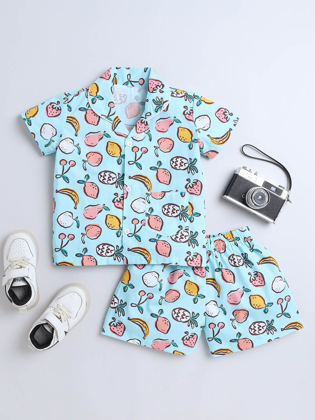 

The Magic Wand Kids Lapel Collar Short Sleeves Printed Night suit, Blue