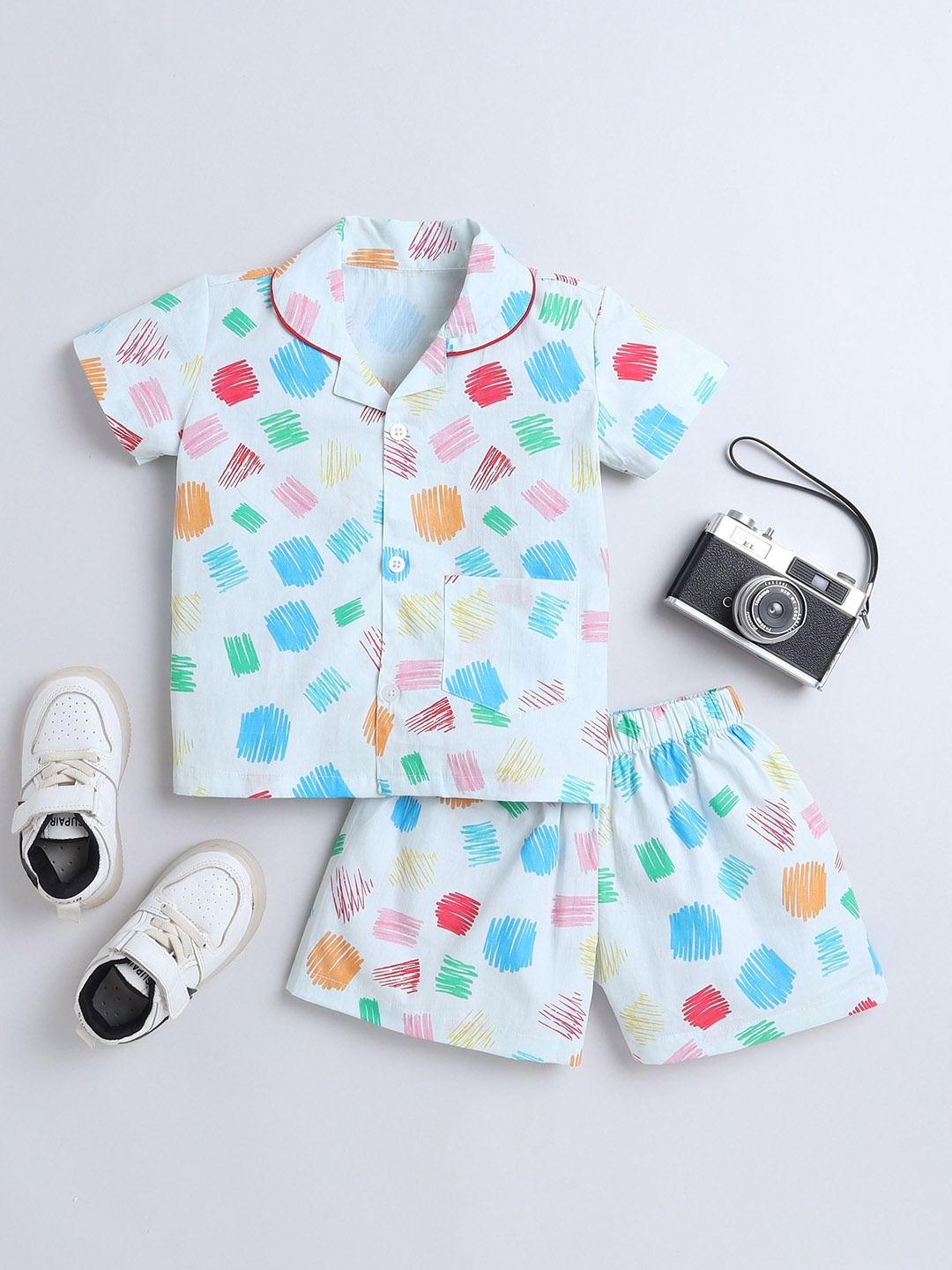 

The Magic Wand Kids Lapel Collar Short Sleeves Printed Night suit, White