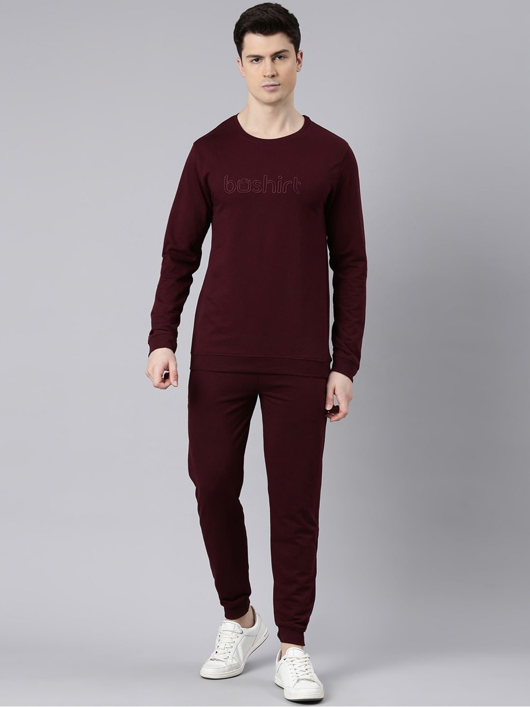 

Bushirt Typography Embroided Round-Neck Long Sleeves Pure Cotton Sweatshirt With Joggers, Maroon