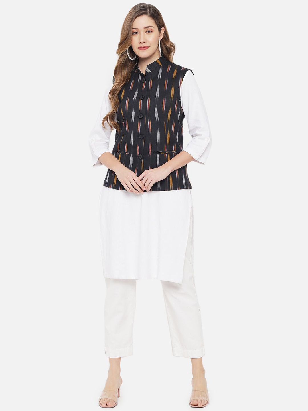 

KALINI Printed Woven Nehru Jacket, Black