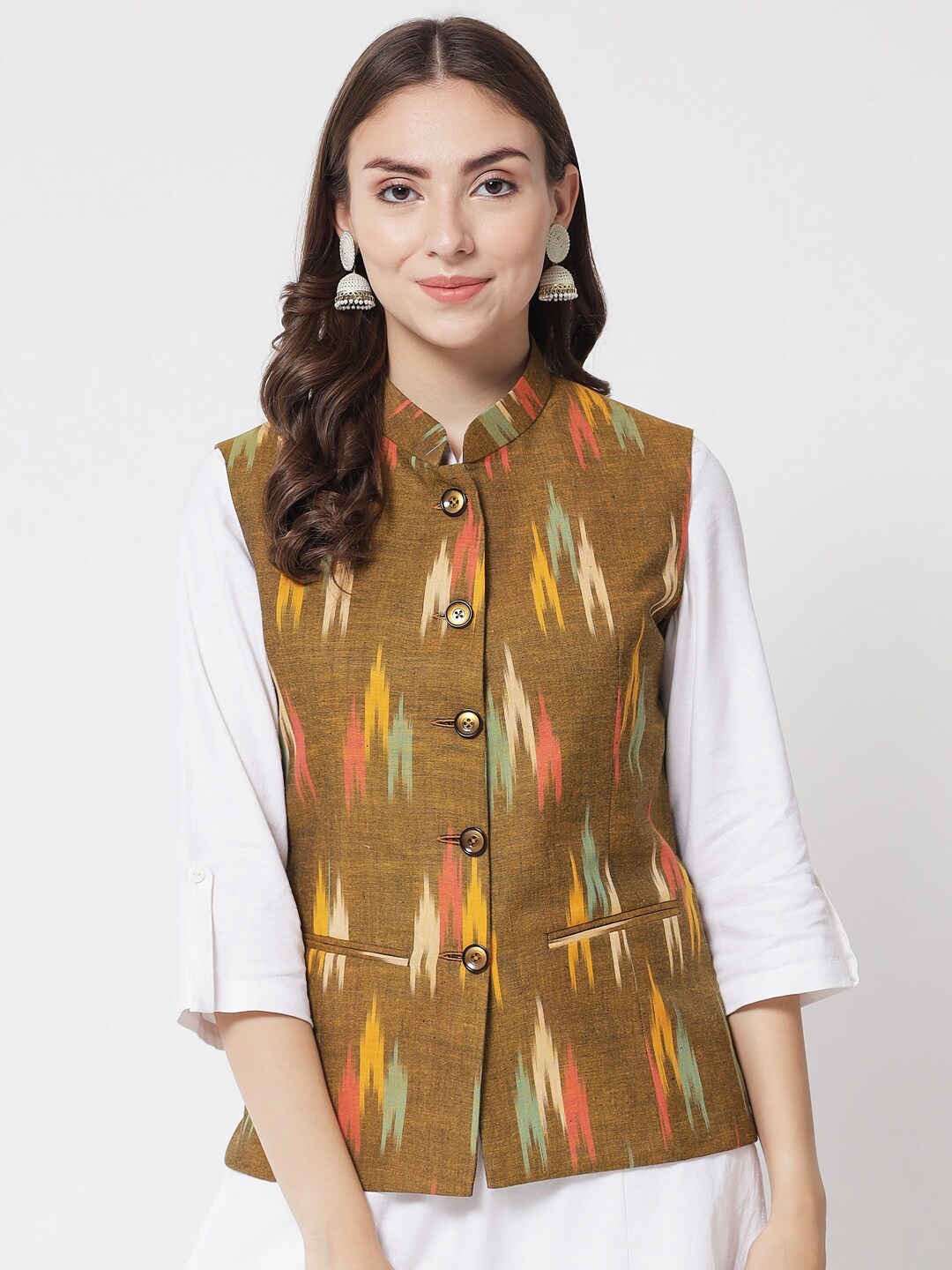 

KALINI Ikat Pattern Nehru Jacket, Olive