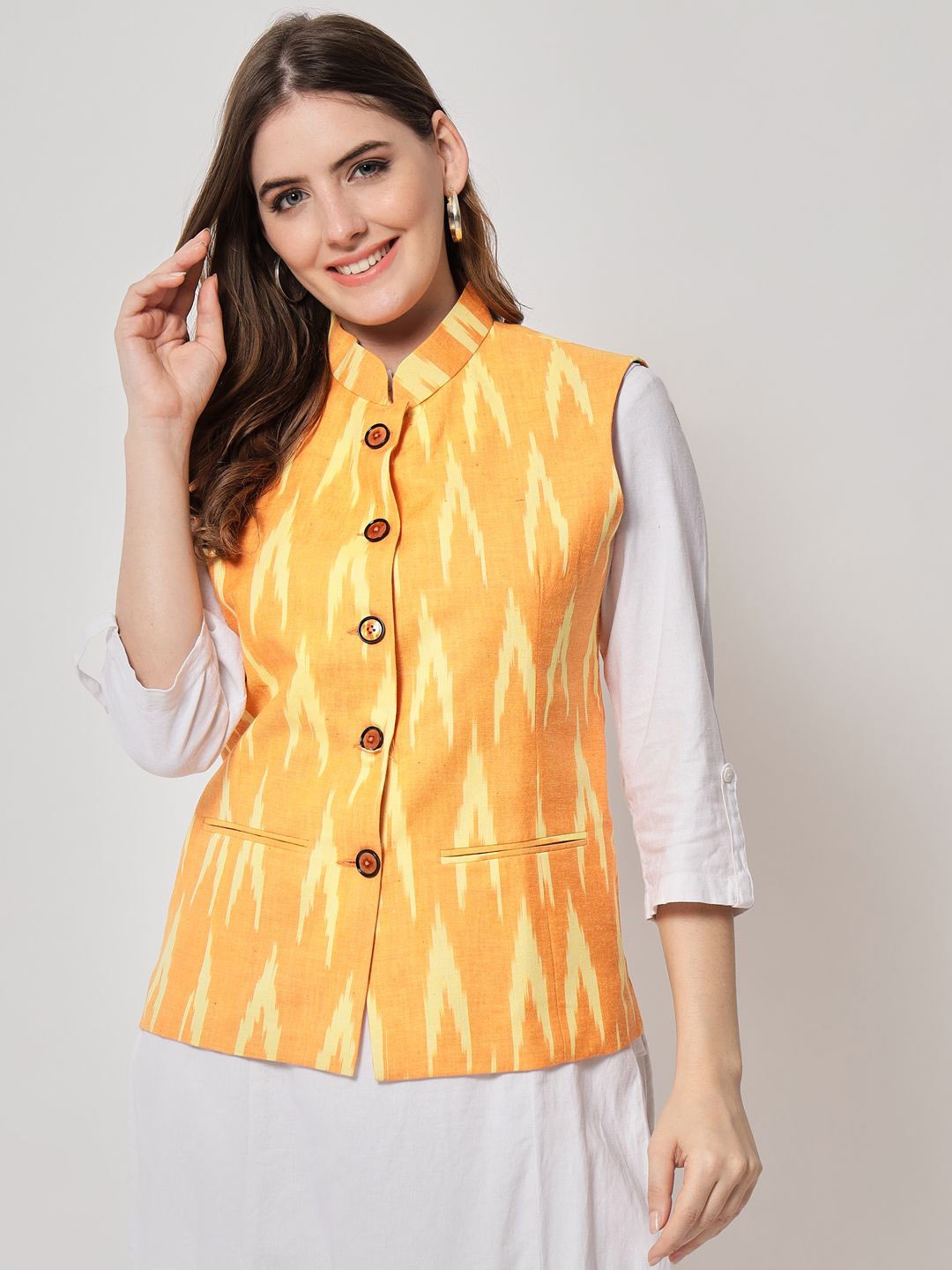 

KALINI Ikat Pattern Nehru Jacket, Orange