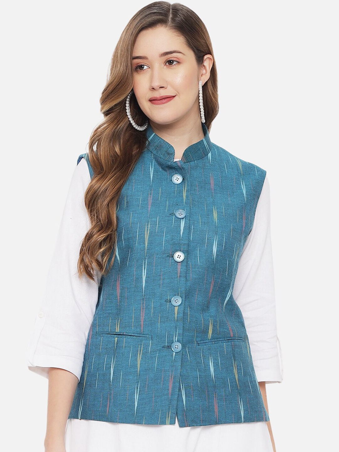 

KALINI Printed Woven Nehru Jacket, Teal