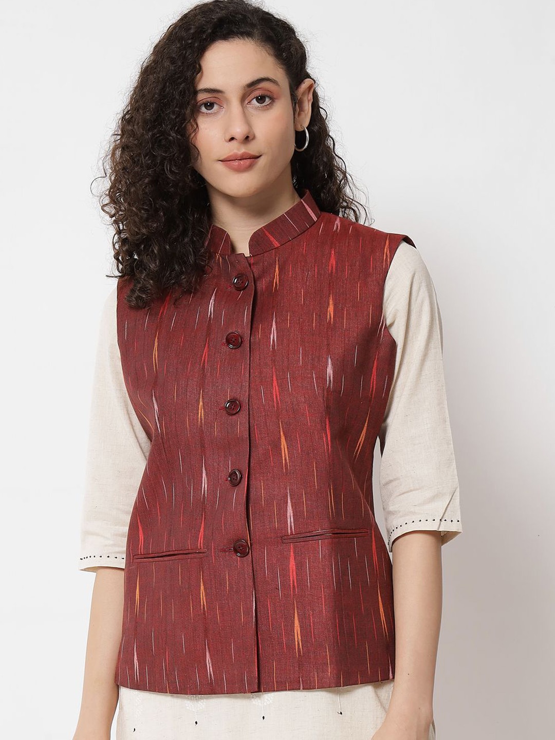 

KALINI Printed Woven Nehru Jacket, Maroon