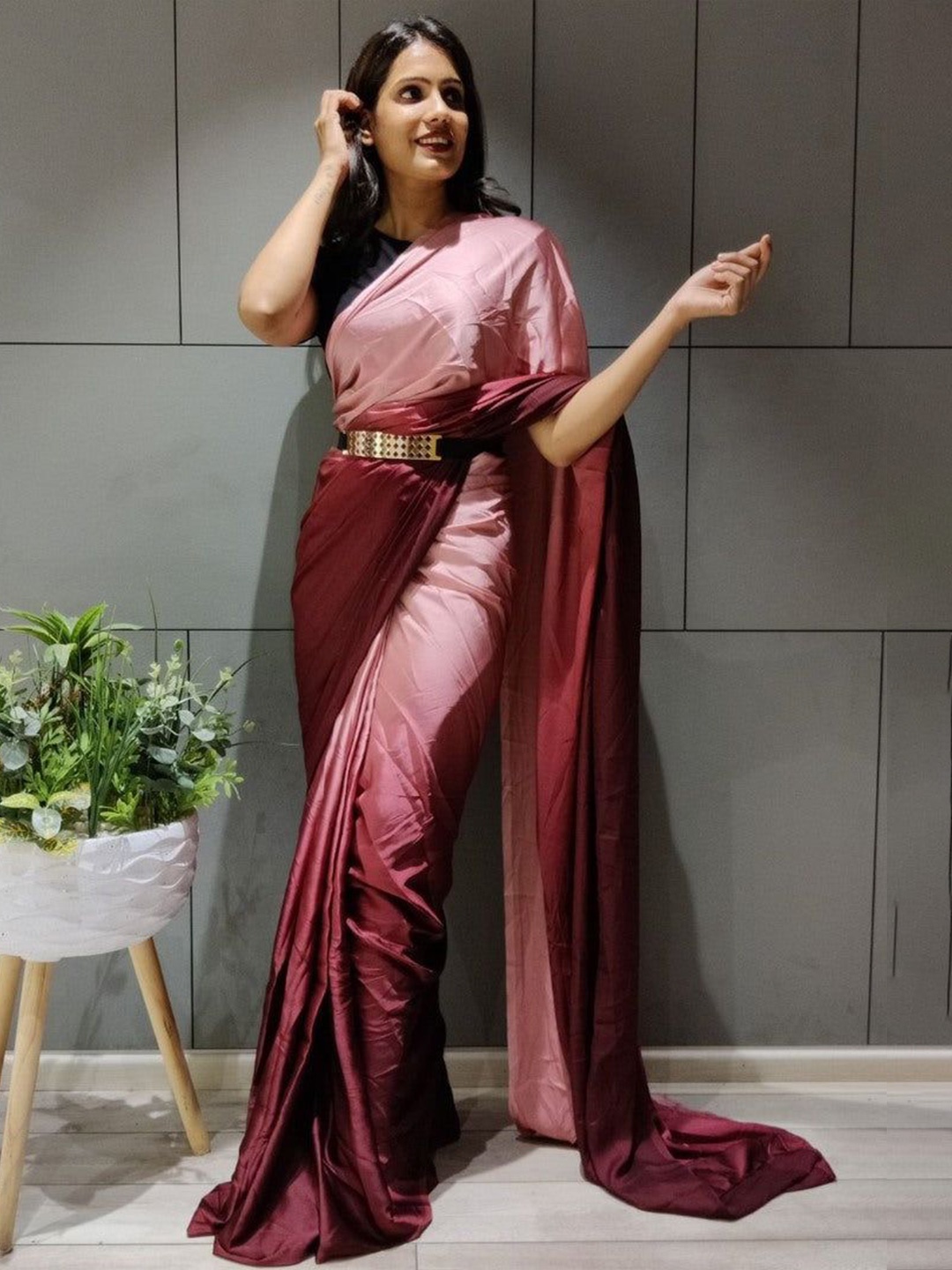 

TEEYA CREATION Ombre Belted Saree, Brown