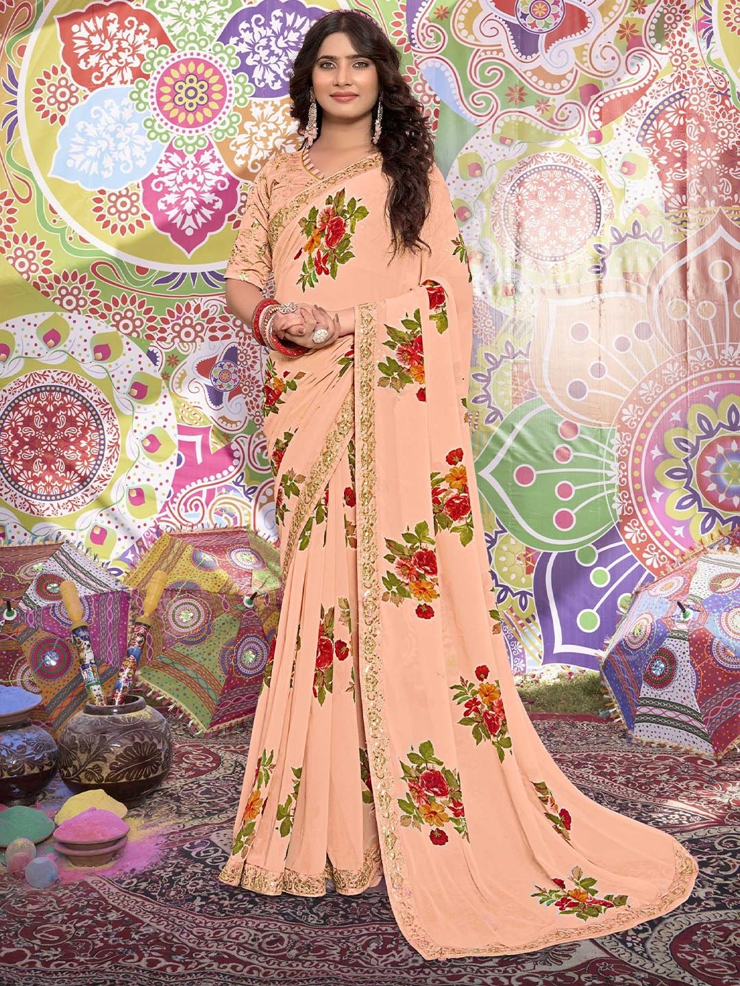 

Mitera Floral Embroidered Saree, Peach