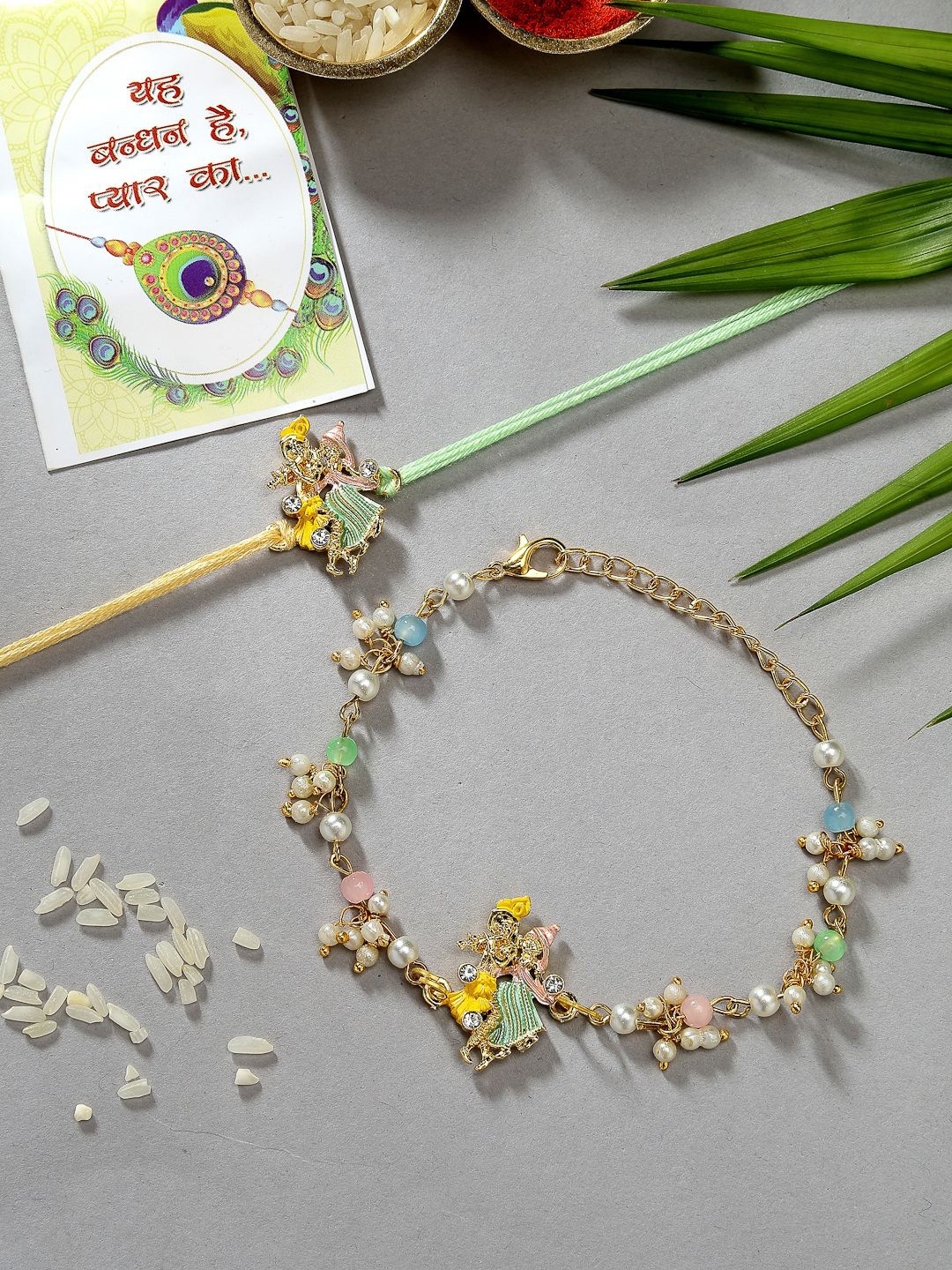 

NVR Set of 2 Radha Krishna Rakhis With Chocolate & Greeting Card with Roli Chawal, Green