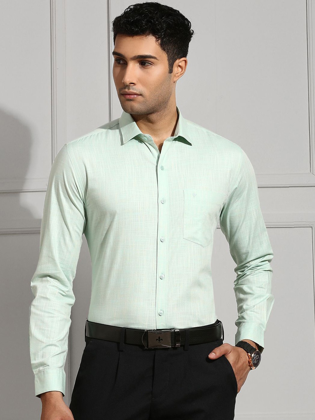 

Ramraj Men Solid Spread Collar Cotton Formal Shirt, Green