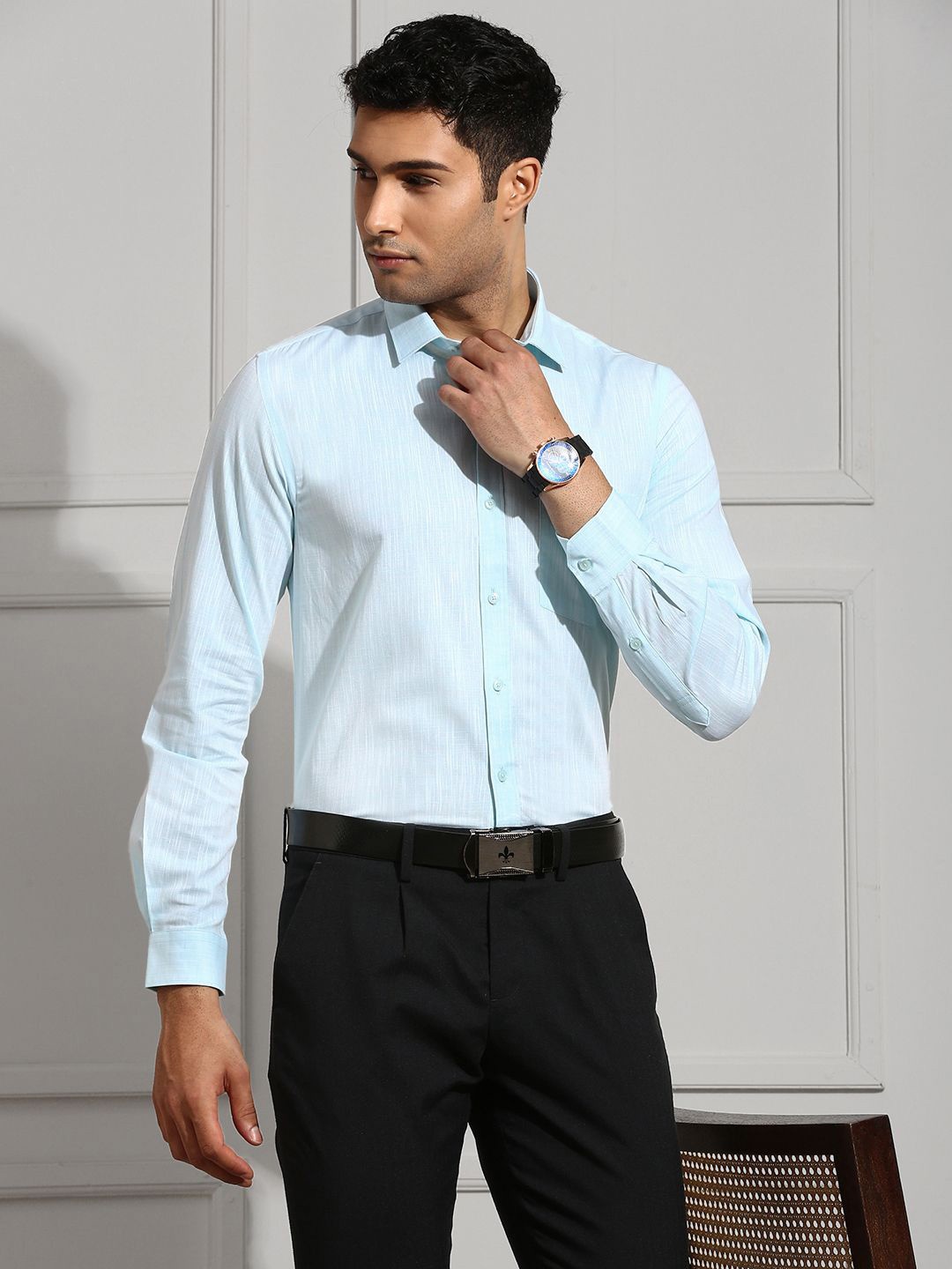 

Ramraj Men Solid Spread Collar Cotton Formal Shirt, Blue