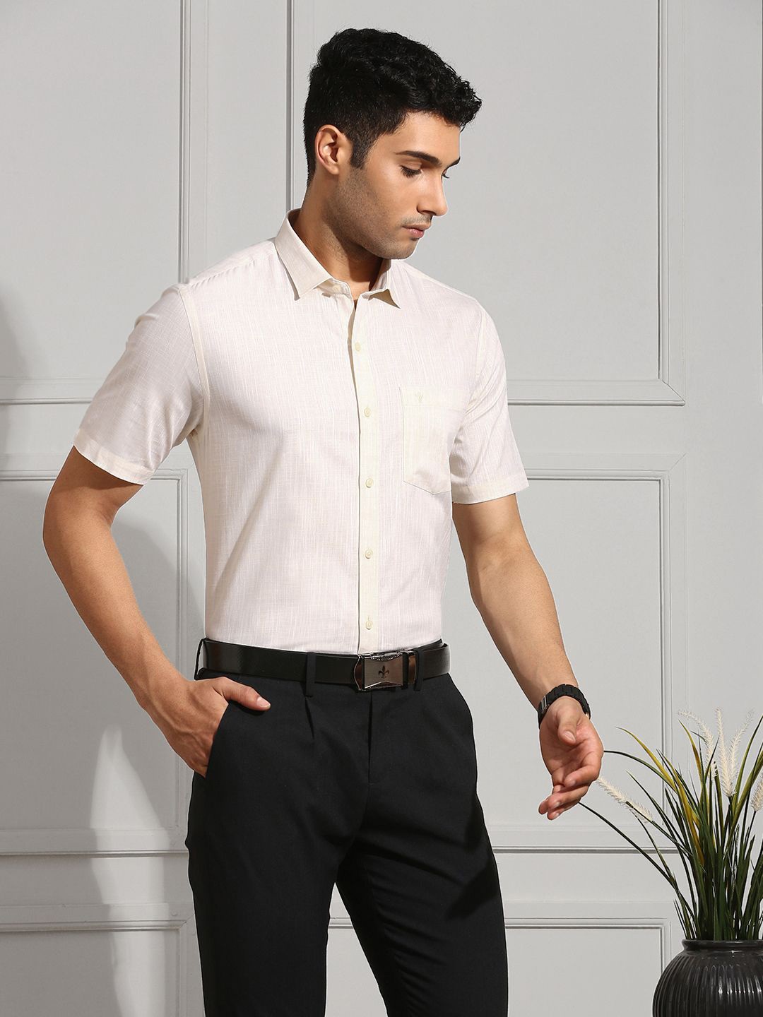 

Ramraj Men Solid Spread Collar Cotton Formal Shirt, Cream