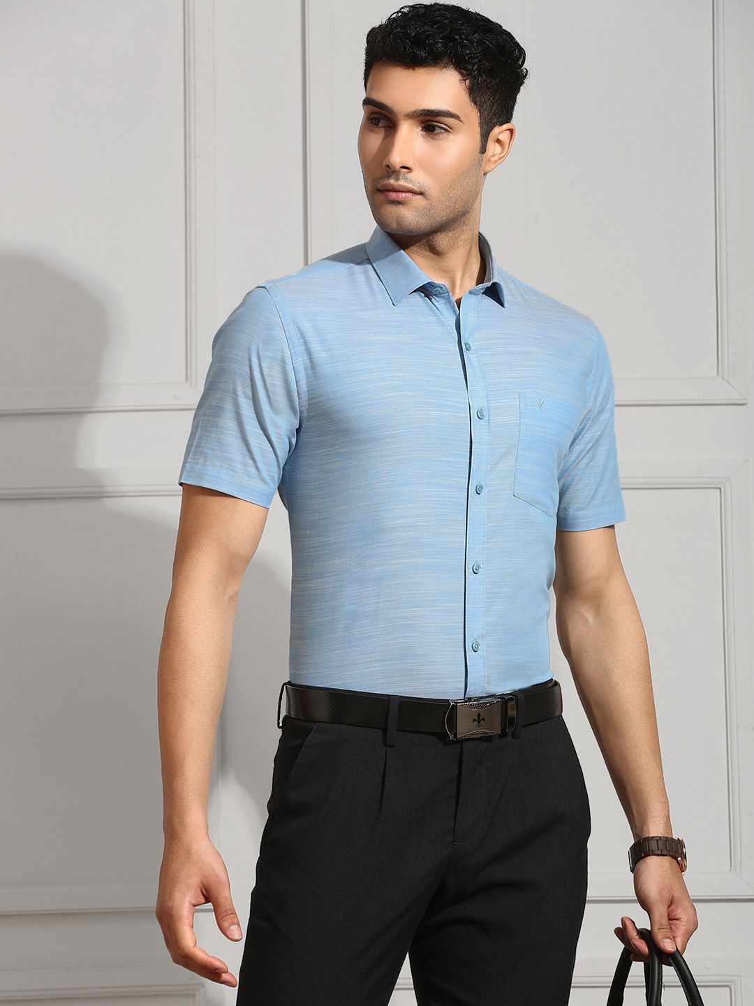 

Ramraj Men Solid Spread Collar Cotton Formal Shirt, Blue