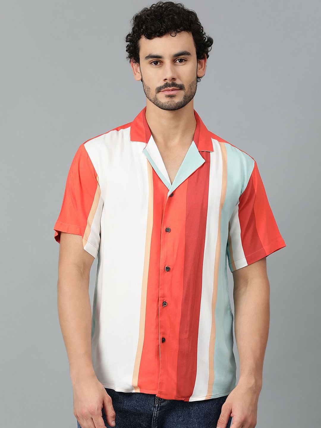 

Kotty Men Cuban Collar Striped Casual Shirt, White