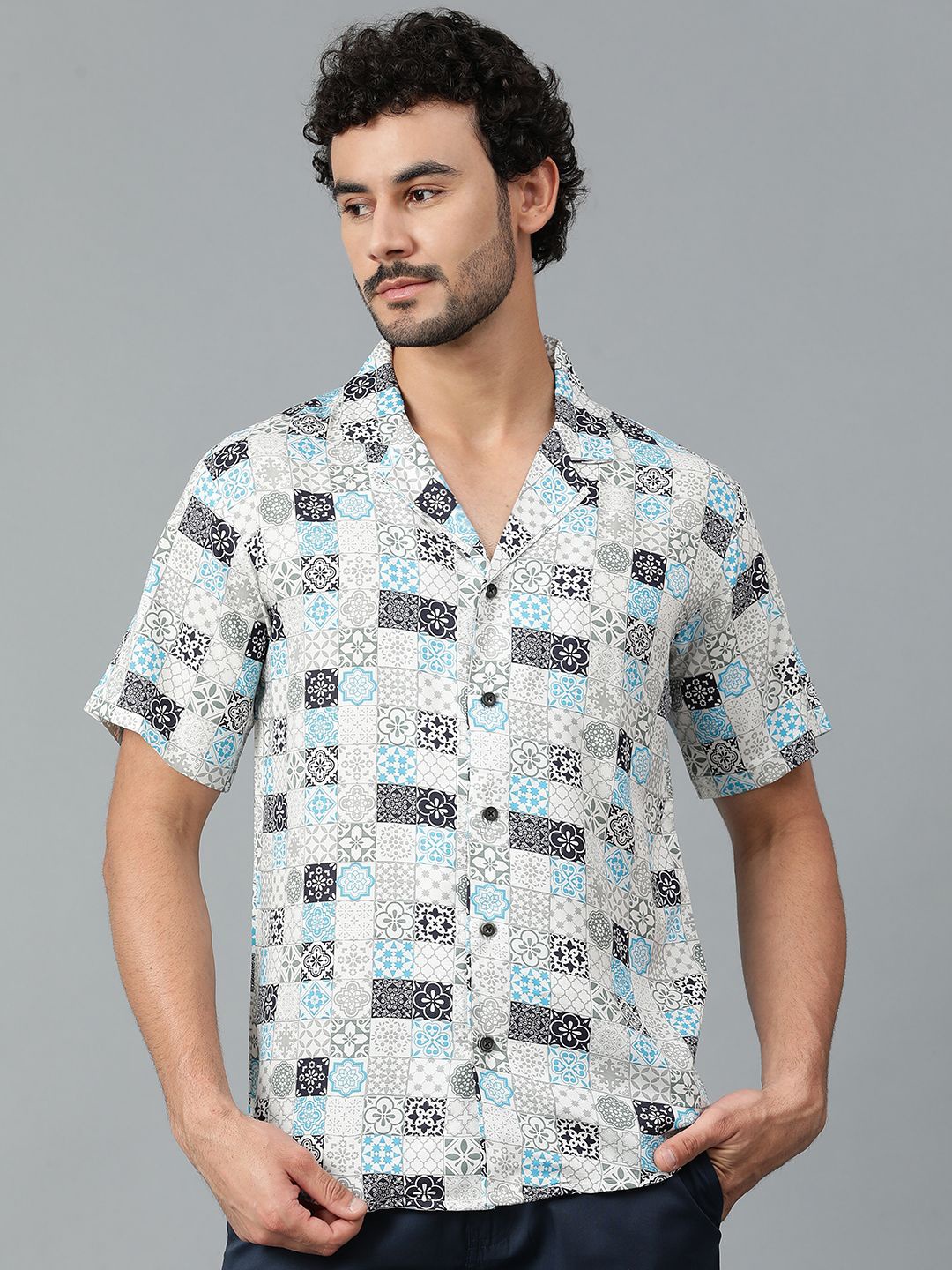 

Kotty Men Cuban Collar Ethnic Motifs Printed Casual Shirt, White