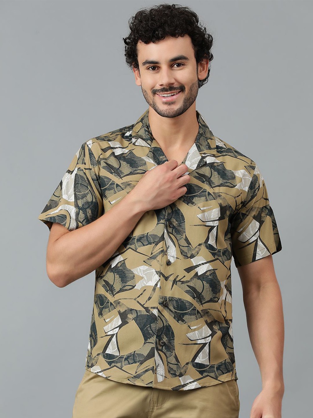 

Kotty Men Cuban Collar Abstract Printed Casual Shirt, Brown