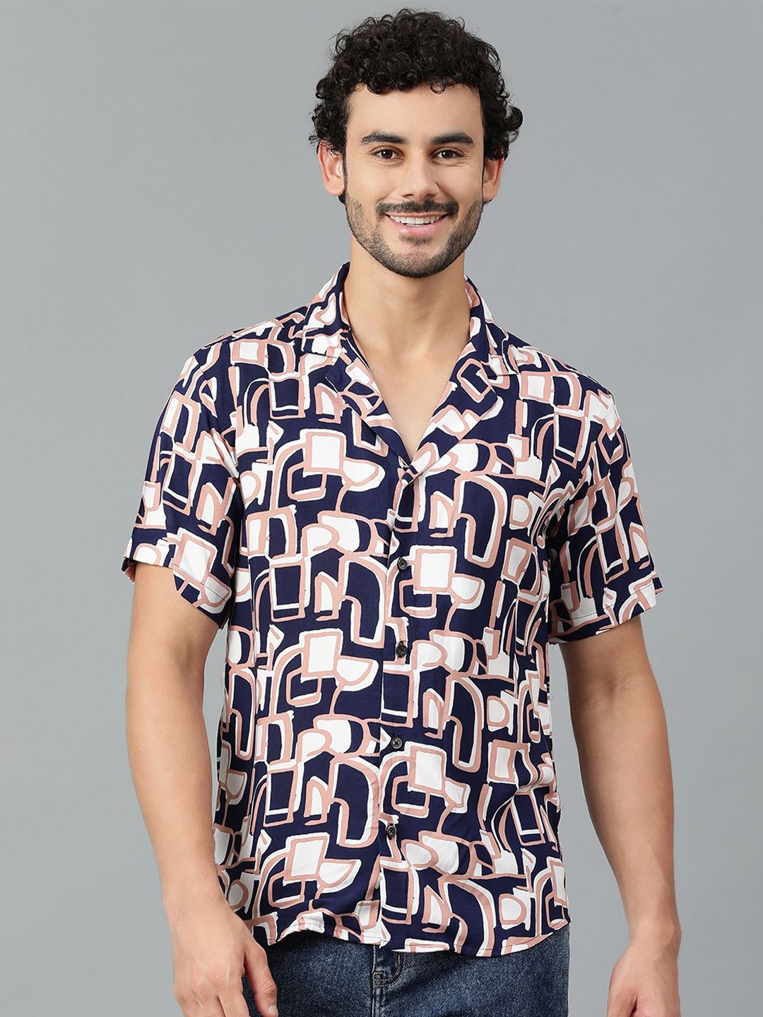 

Kotty Men Cuban Collar Abstract Printed Casual Shirt, Navy blue