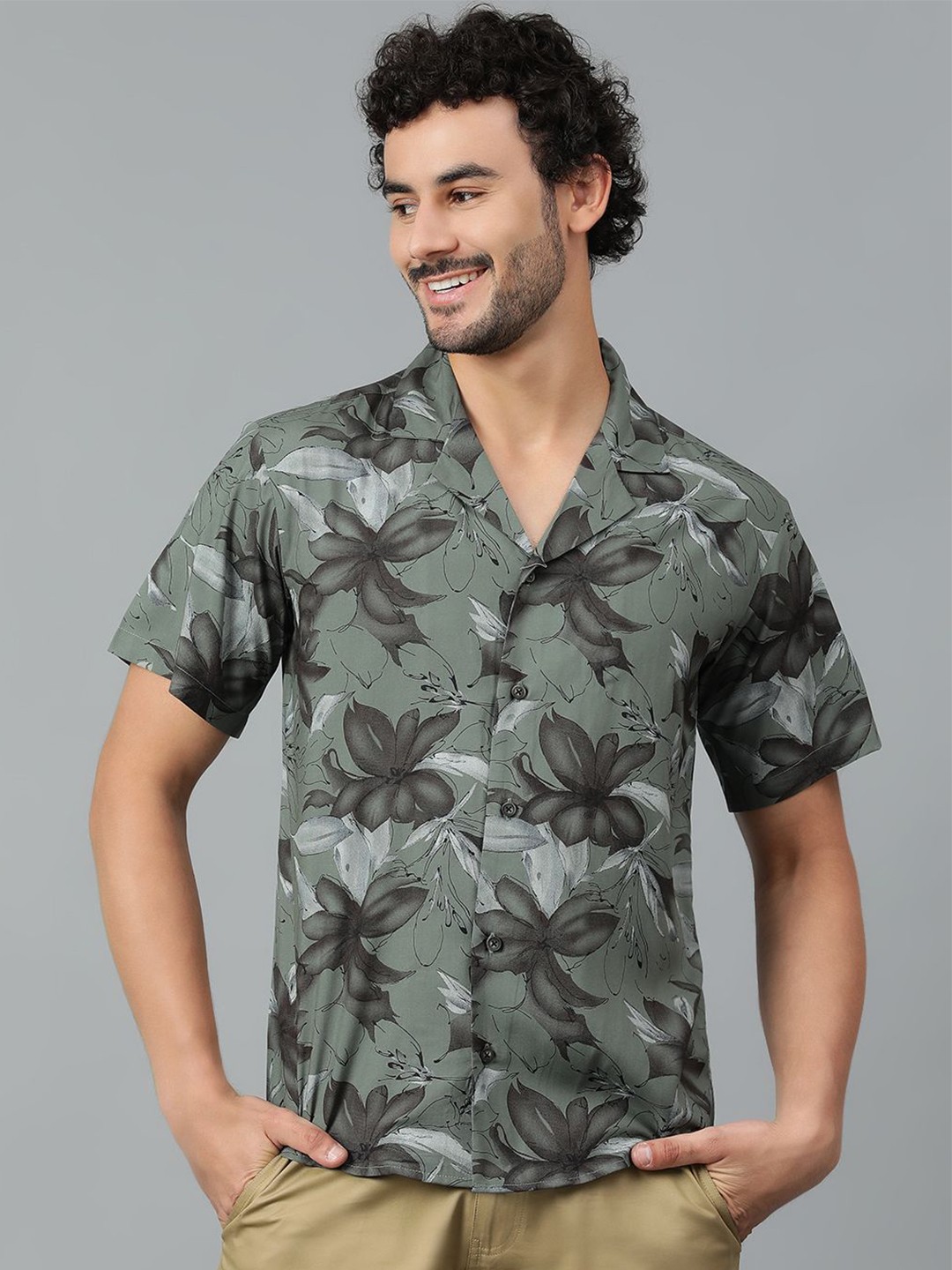 

Kotty Men Cuban Collar Floral Printed Casual Shirt, Green