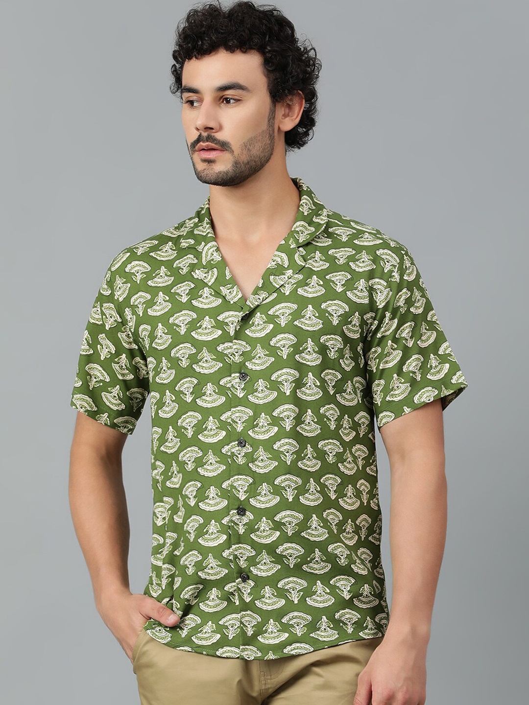 

Kotty Men Cuban Collar Conversational Printed Casual Shirt, Green