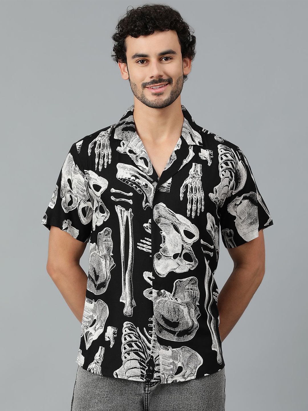 

Kotty Men Cuban Collar Conversational Printed Casual Shirt, Black
