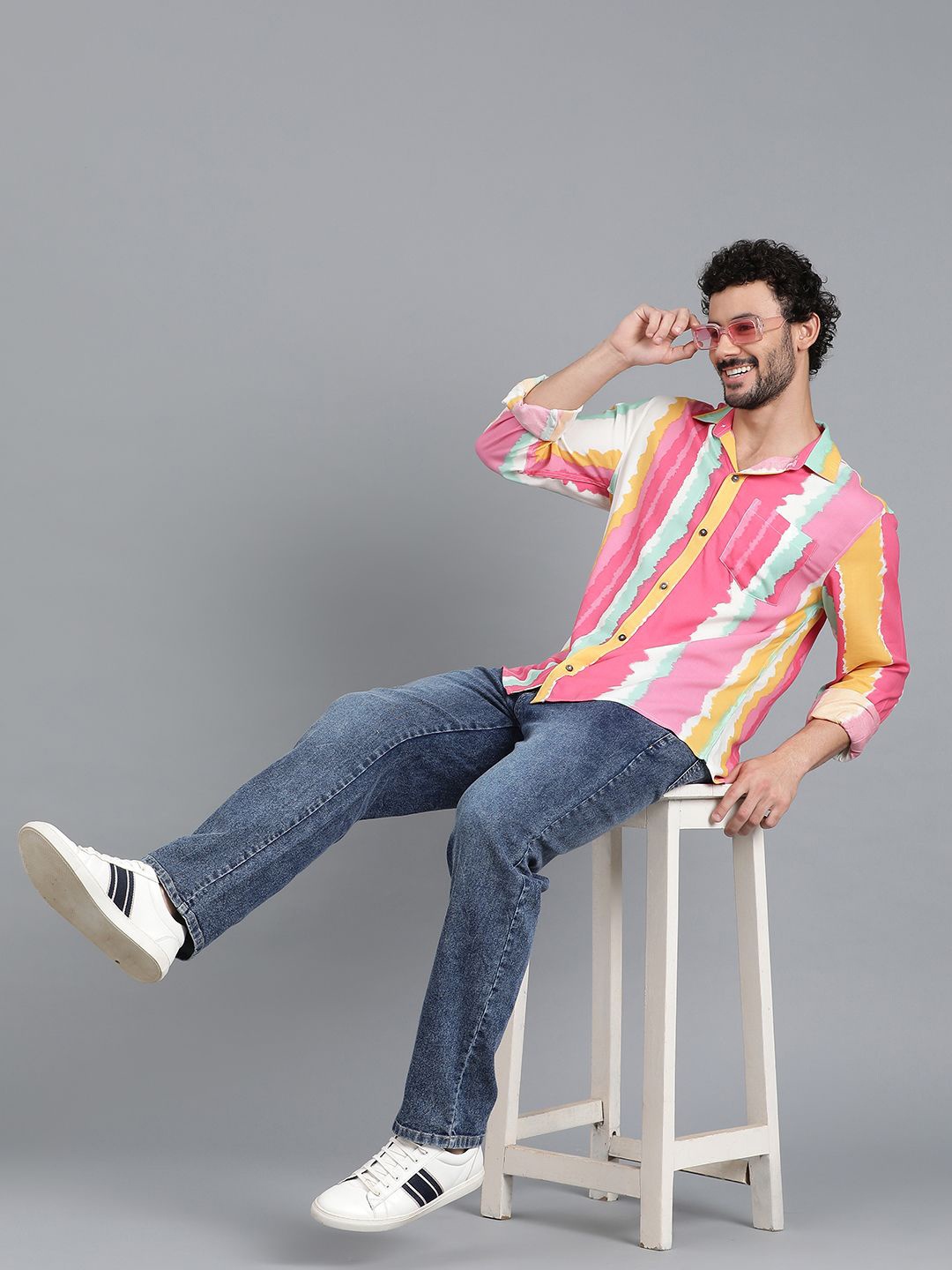 

Kotty Men Spread Collar Striped Casual Shirt, Peach