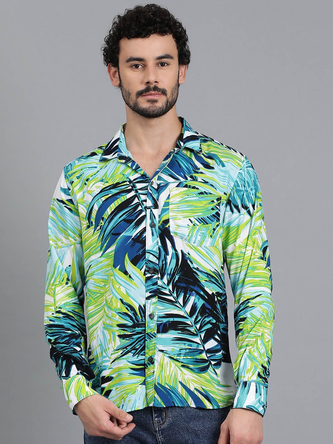 

Kotty Men Spread Collar Tropical Printed Casual Shirt, Green