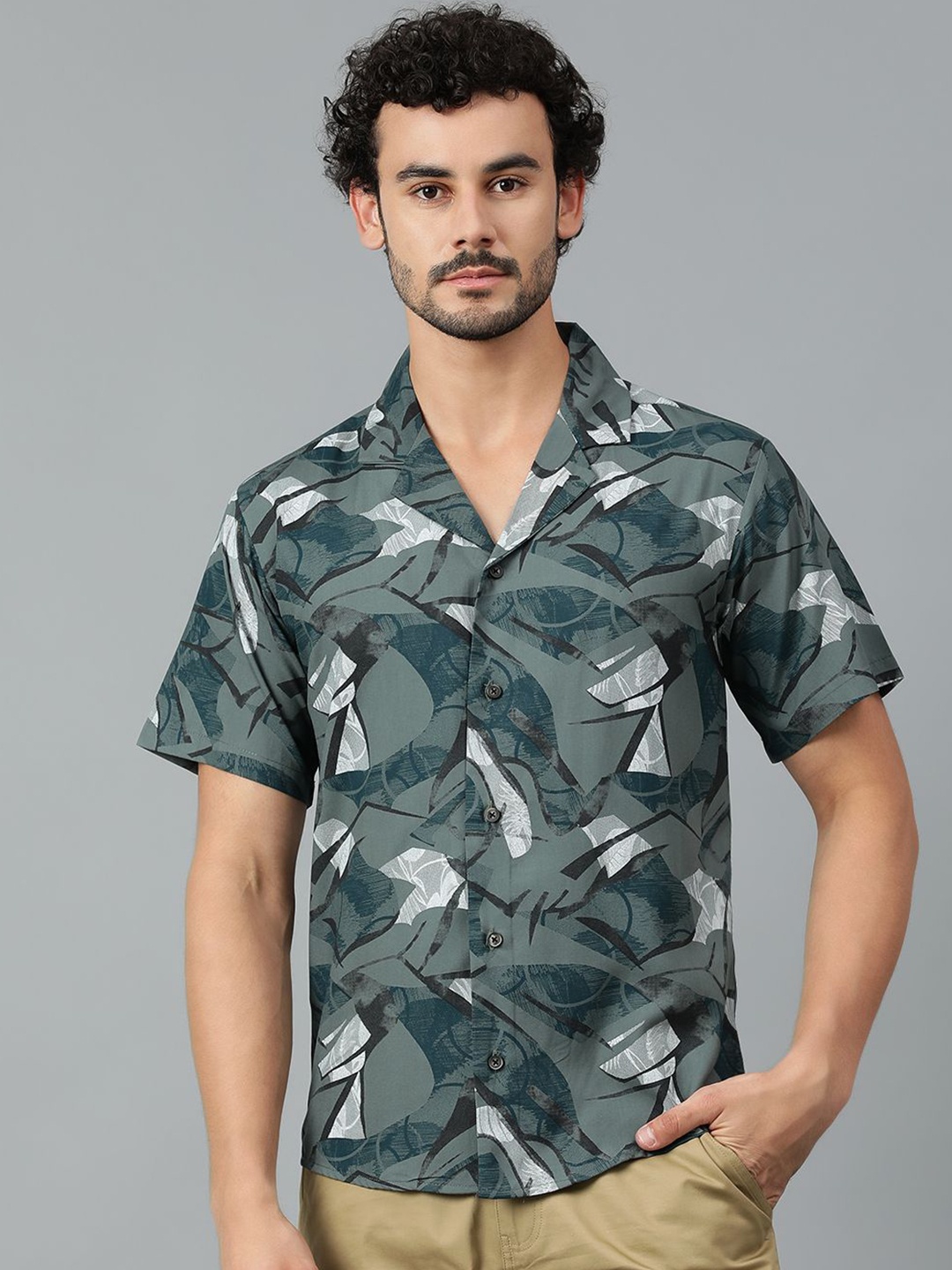 

Kotty Men Cuban Collar Abstract Printed Casual Shirt, Grey
