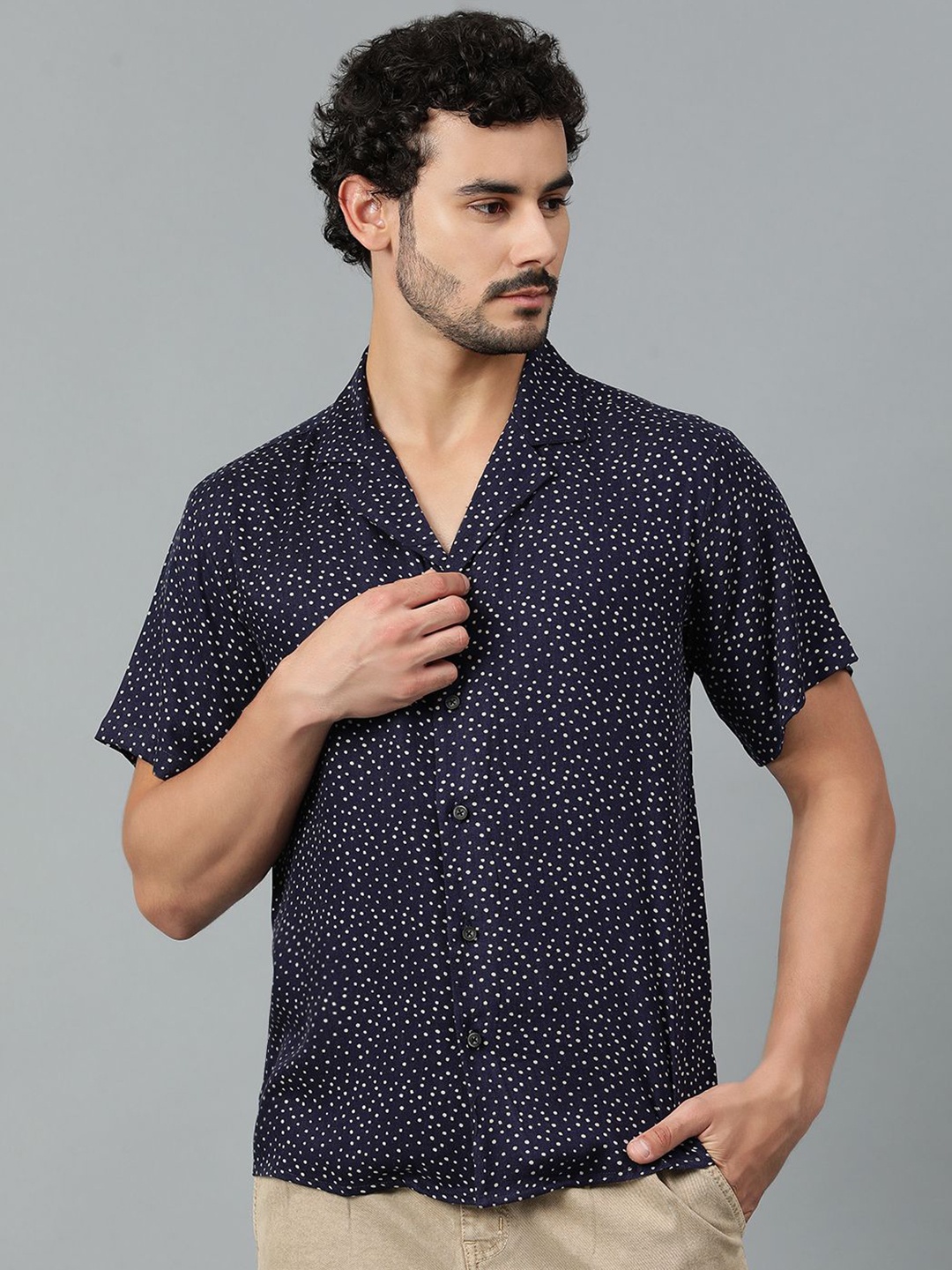 

Kotty Men Cuban Collar Micro Ditsy Printed Casual Shirt, Navy blue