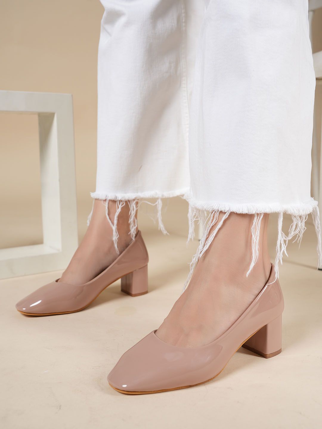 

DressBerry Square Toe Closed Back Block Heels, Pink