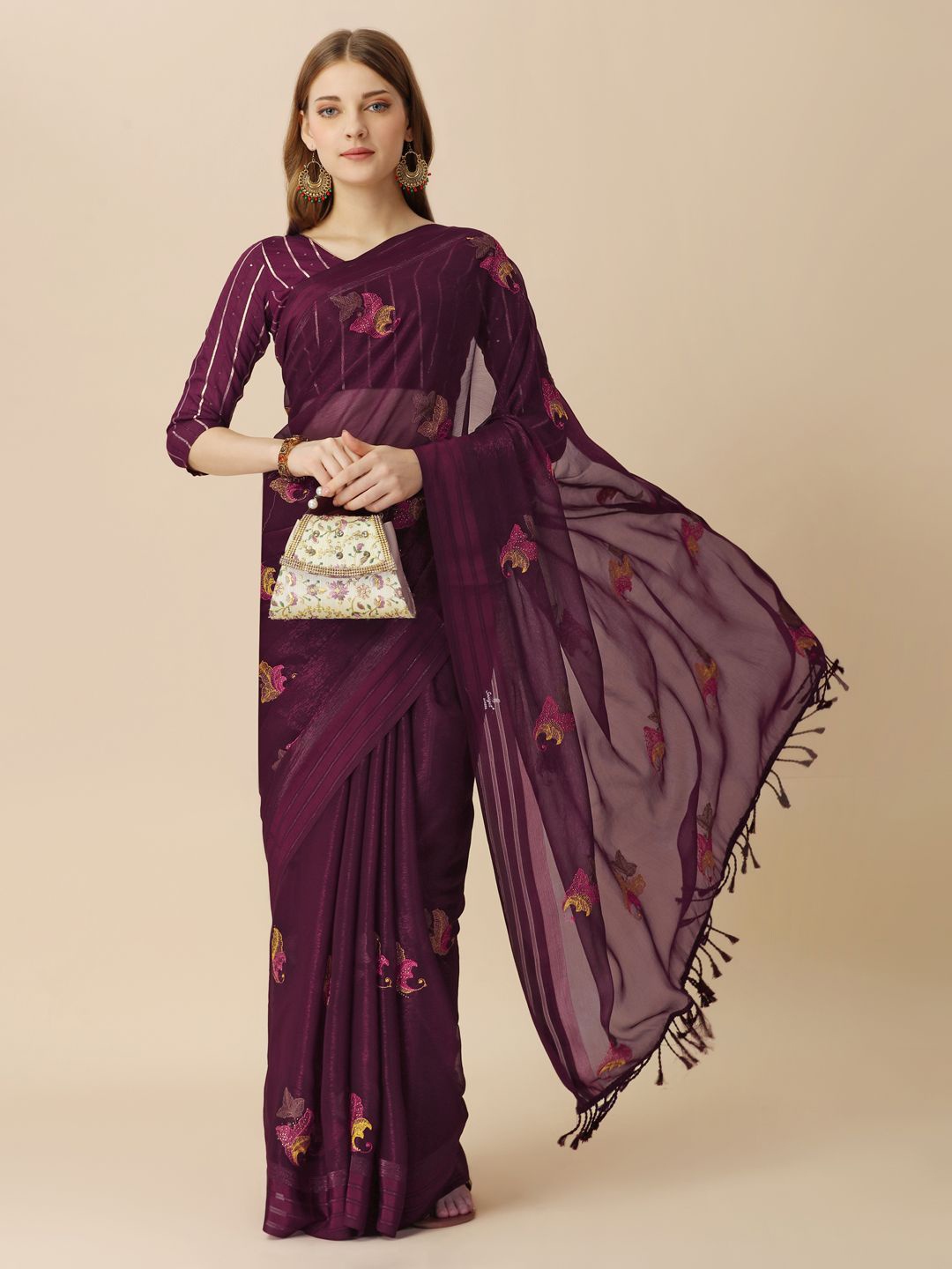 

HERE&NOW Ethnic Motifs Embroidered Saree, Burgundy