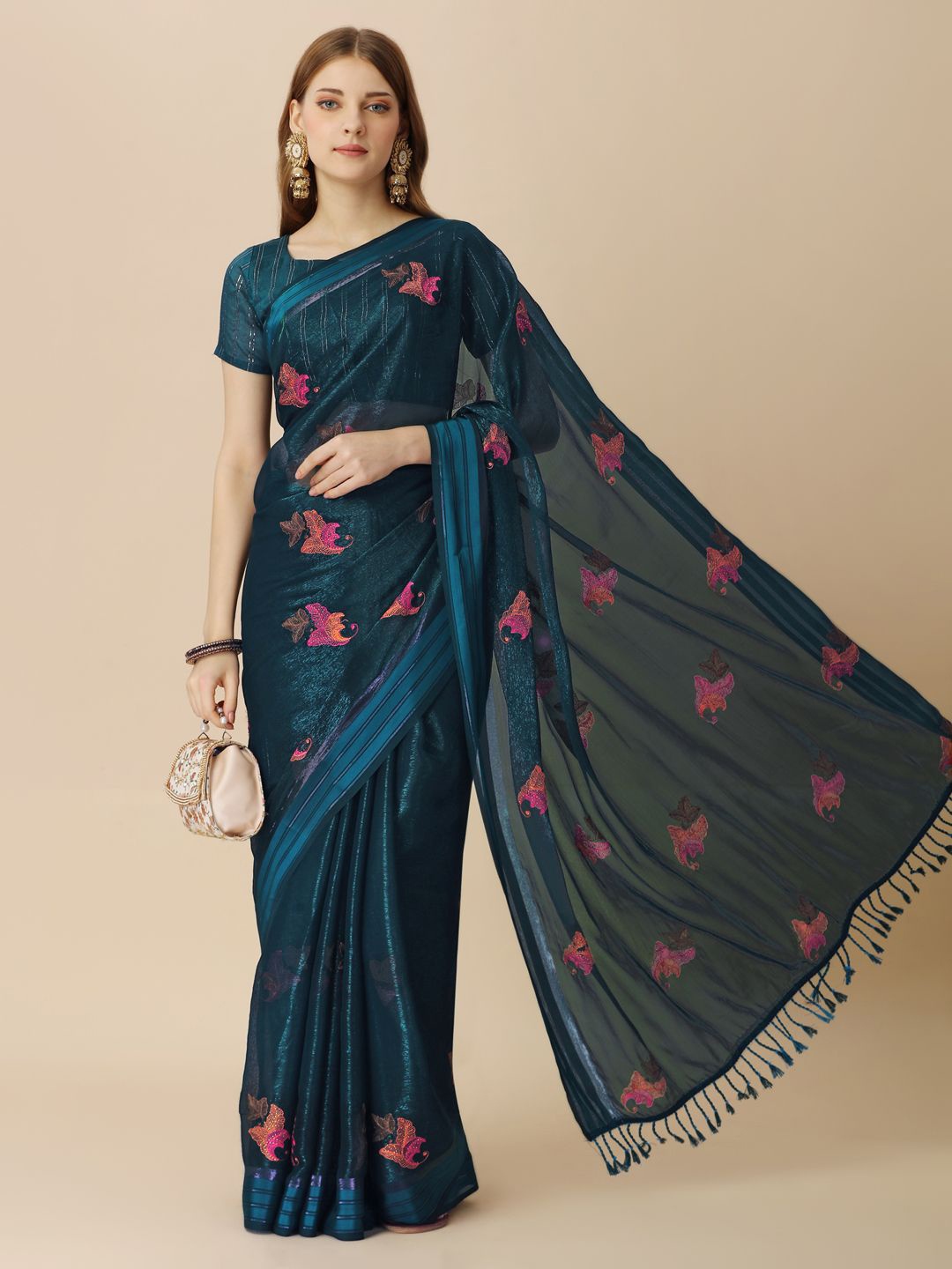 

HERE&NOW Ethnic Motifs Embroidered Saree, Navy blue