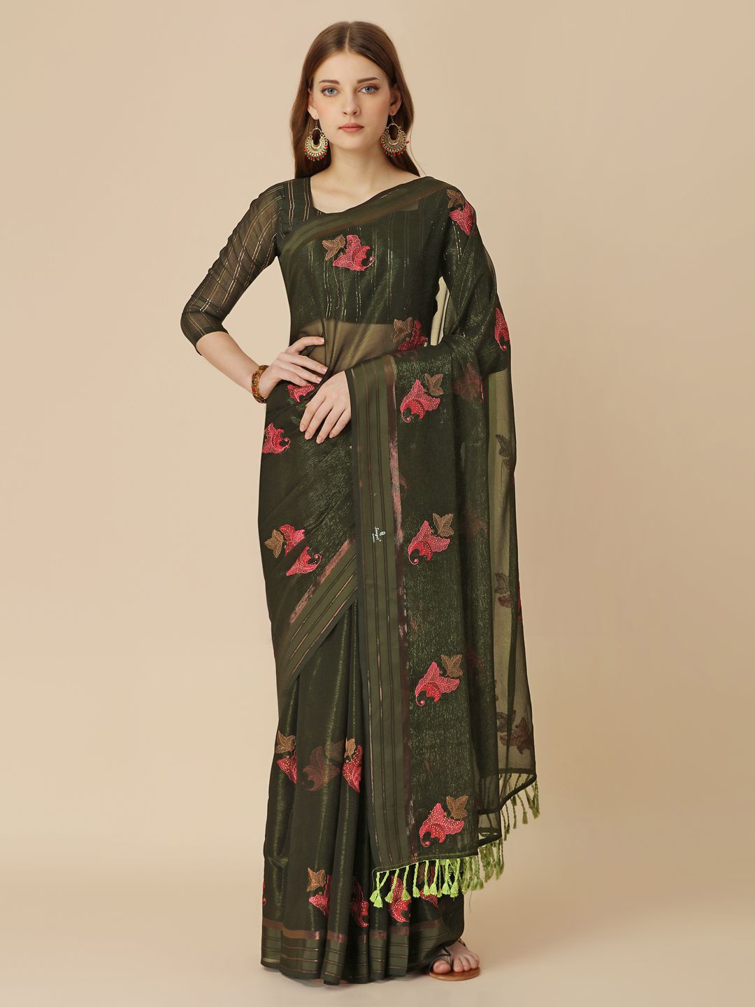 

HERE&NOW Floral Zari Saree, Olive