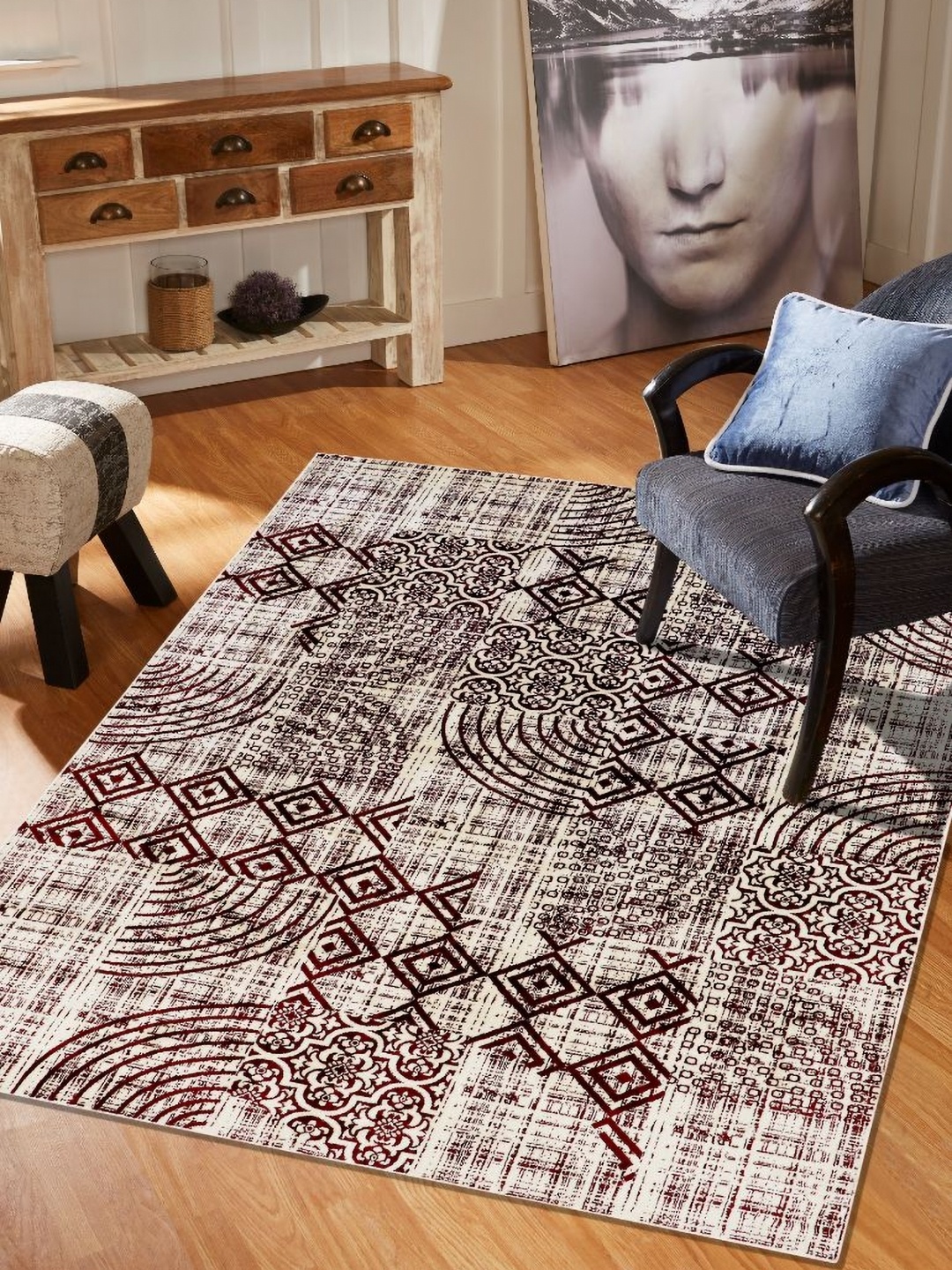 

MODEFE Beige & White Geometric Anti-Skid Rectangular Carpet