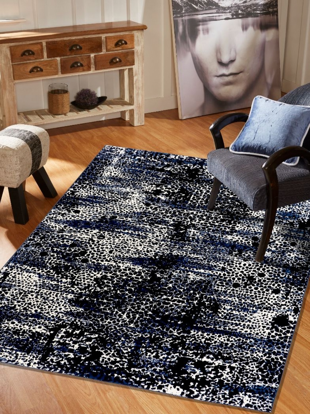 

MODEFE Blue & White Abstract Shaggy Anti-Skid Carpet
