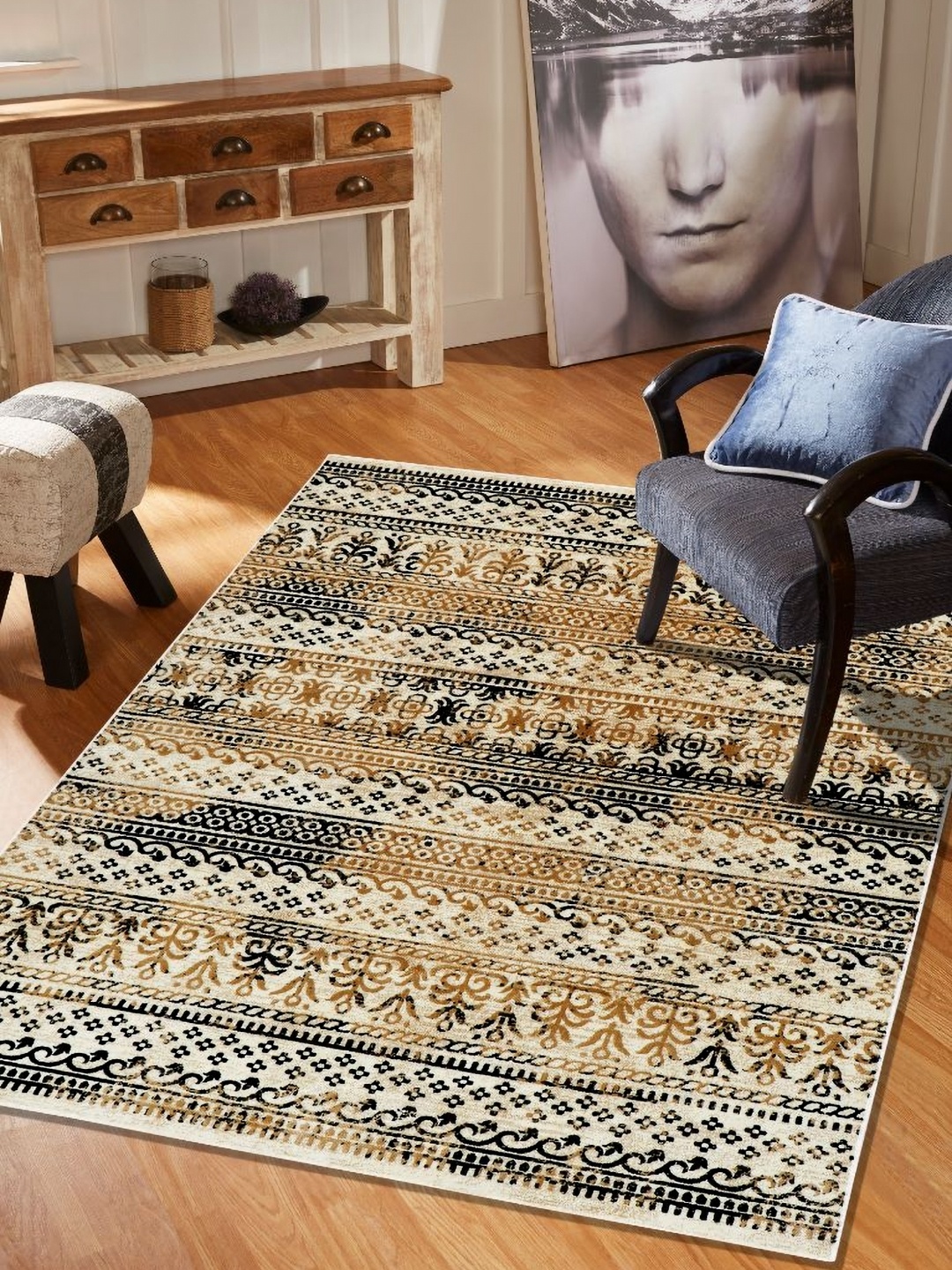 

MODEFE Beige & Black Floral Anti-Skid Rectangular Carpet