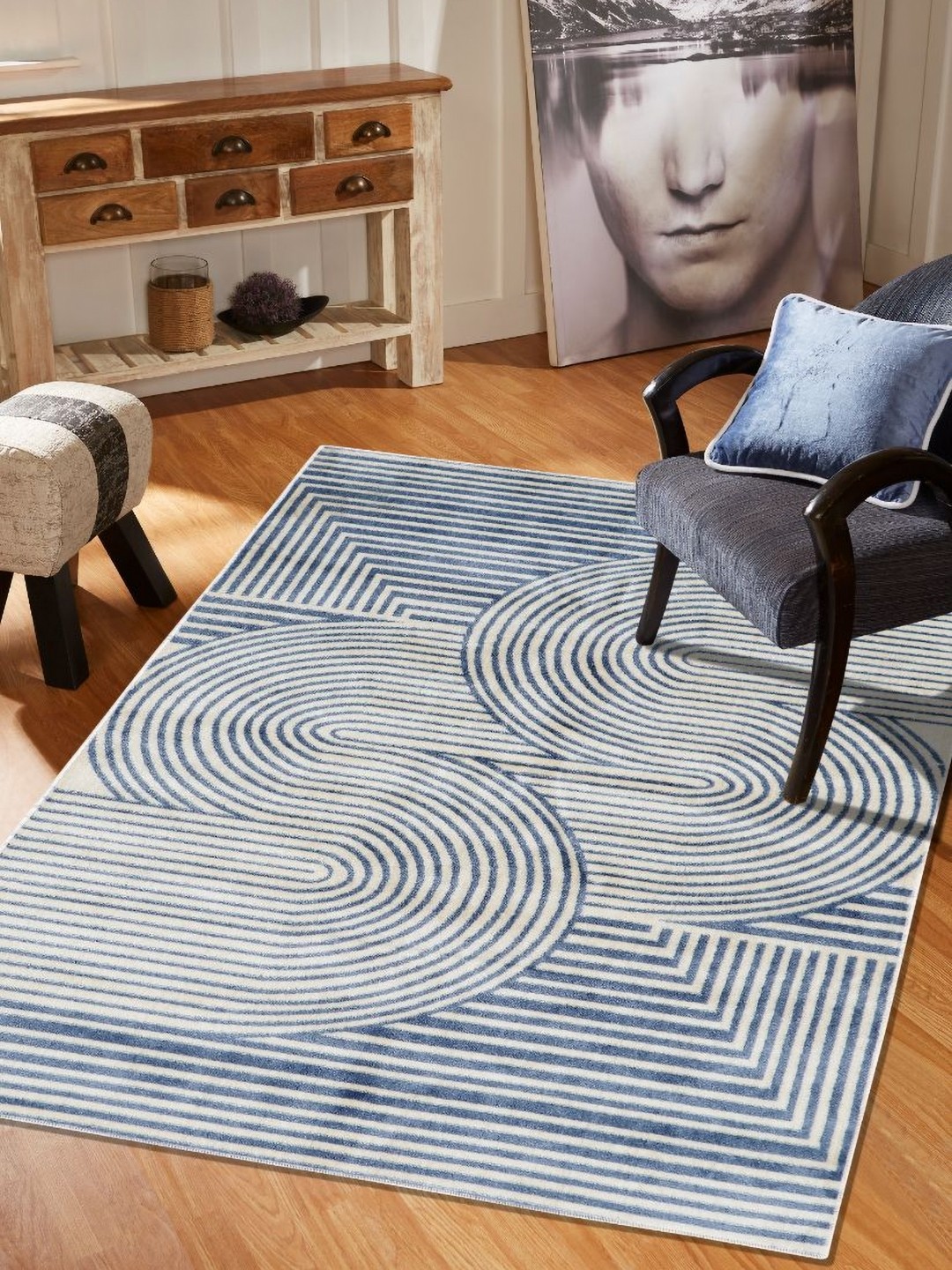 

MODEFE Blue & White Geometric Anti-Skid Rectangular Carpet