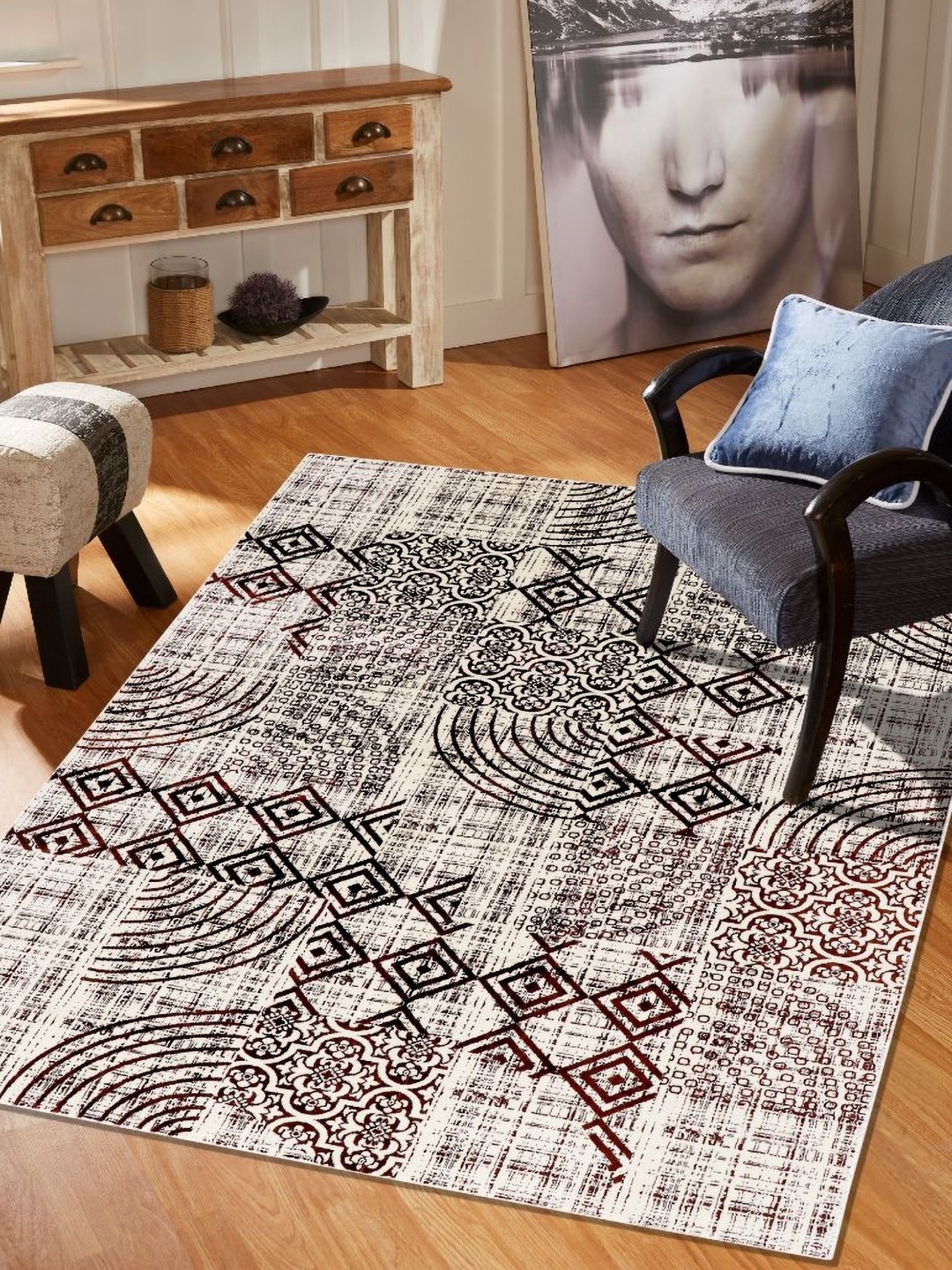 

MODEFE Beige & White Abstract Anti-Skid Rectangular Carpet