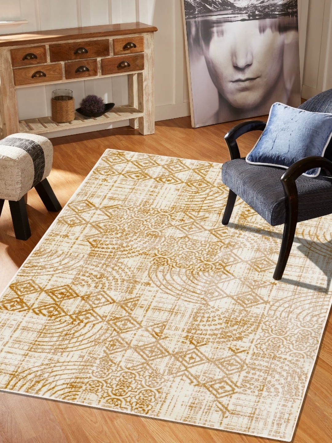 

MODEFE Cream & White Abstract Anti-Skid Rectangular Carpet