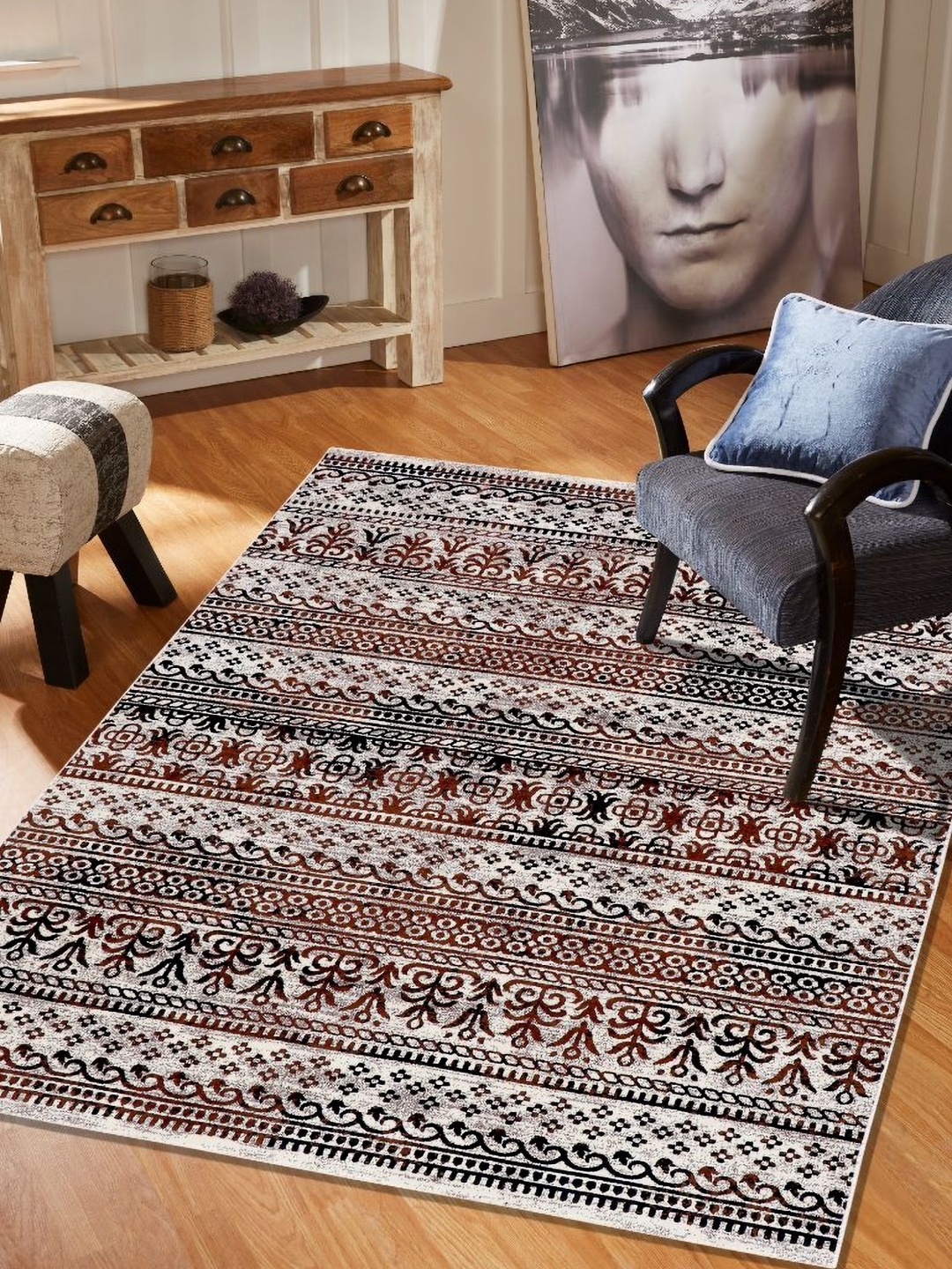

MODEFE Red & White Floral Shaggy Anti-Skid Carpet