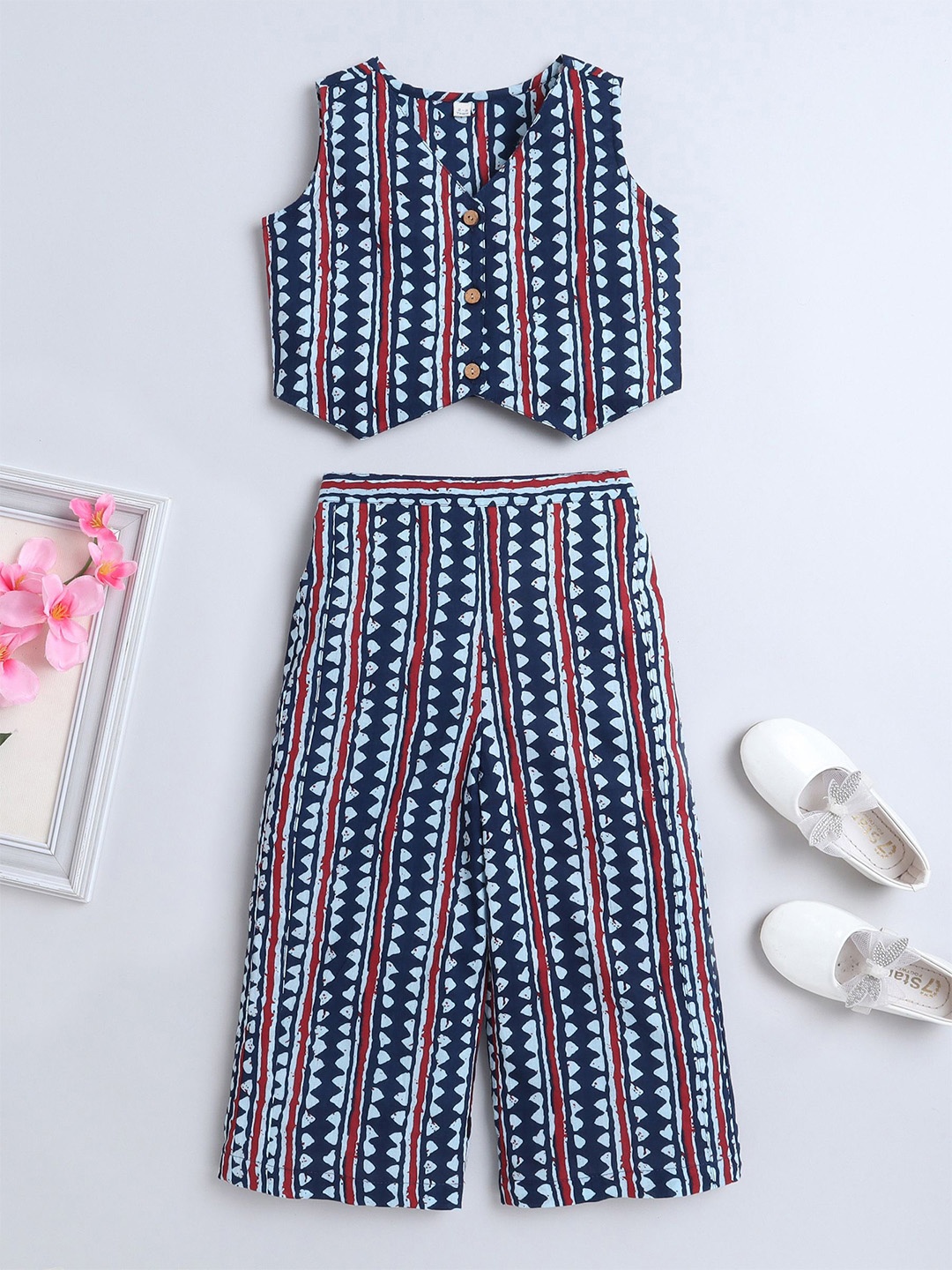

The Magic Wand Girls V-Neck Sleeveless Printed Coat with Palazzos, Blue