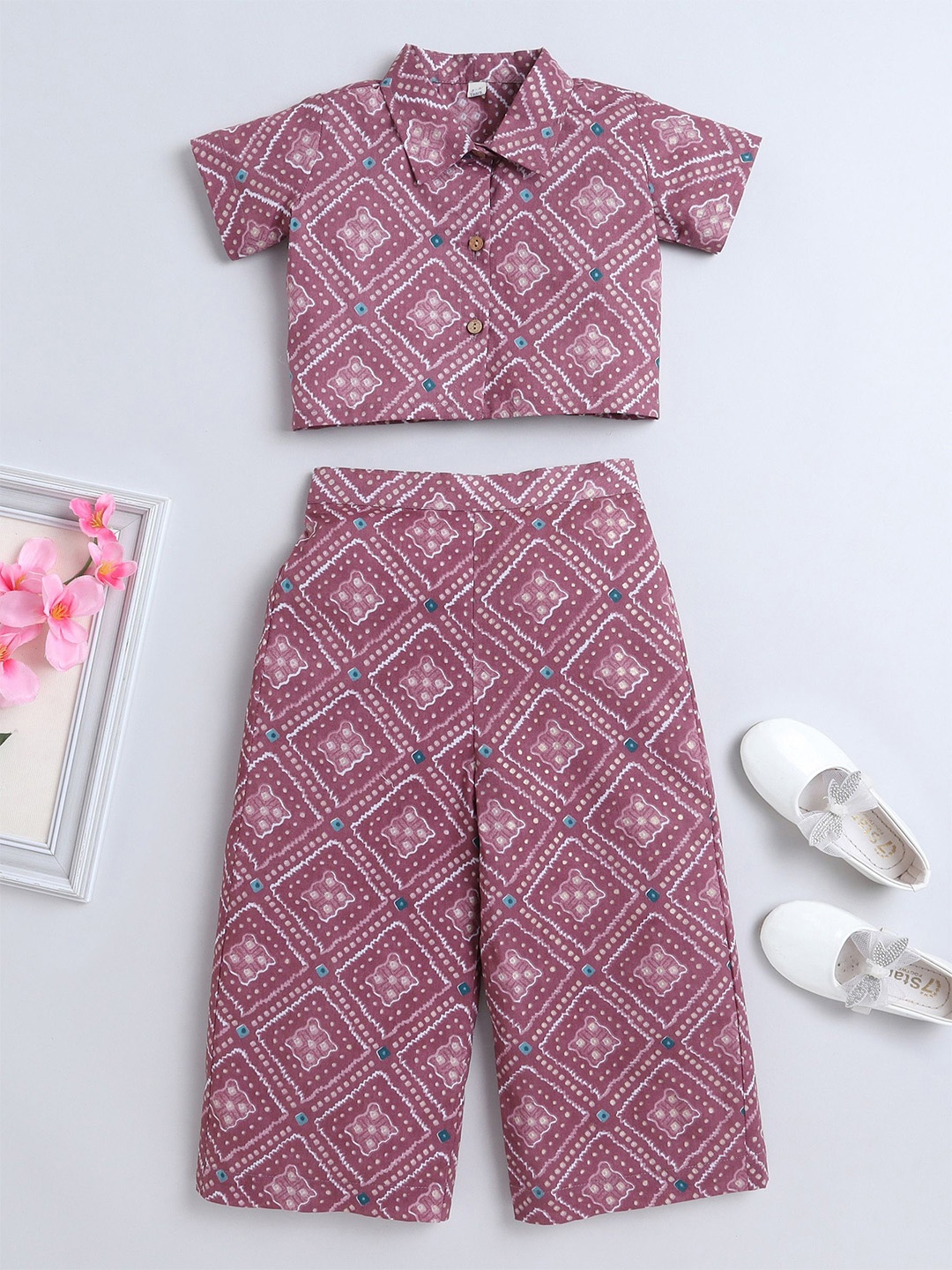 

The Magic Wand Girls Shirt Collar Short Sleeves Printed Top with Pyjamas, Pink