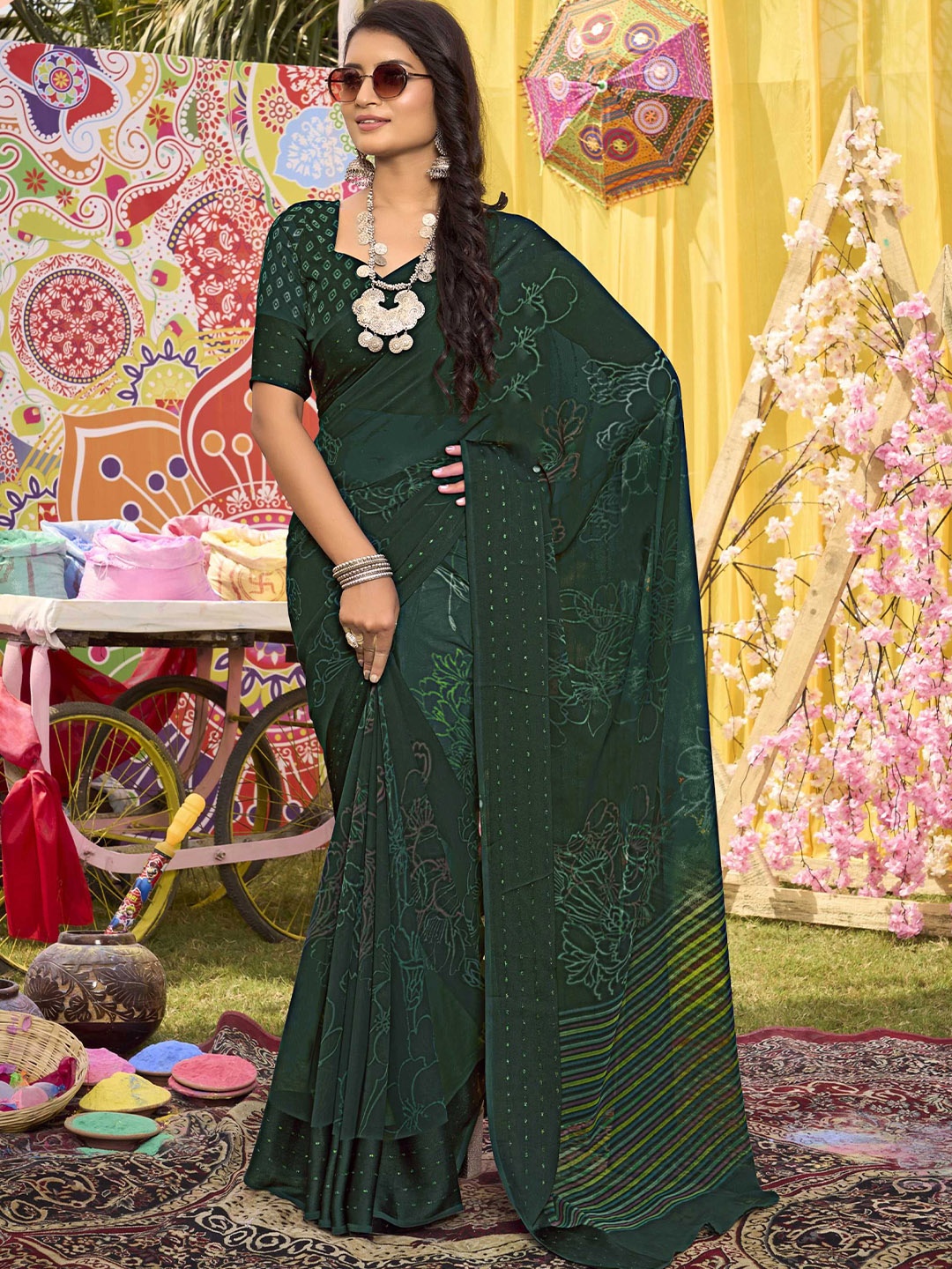 Mitera Floral Printed Sequinned Saree, Green