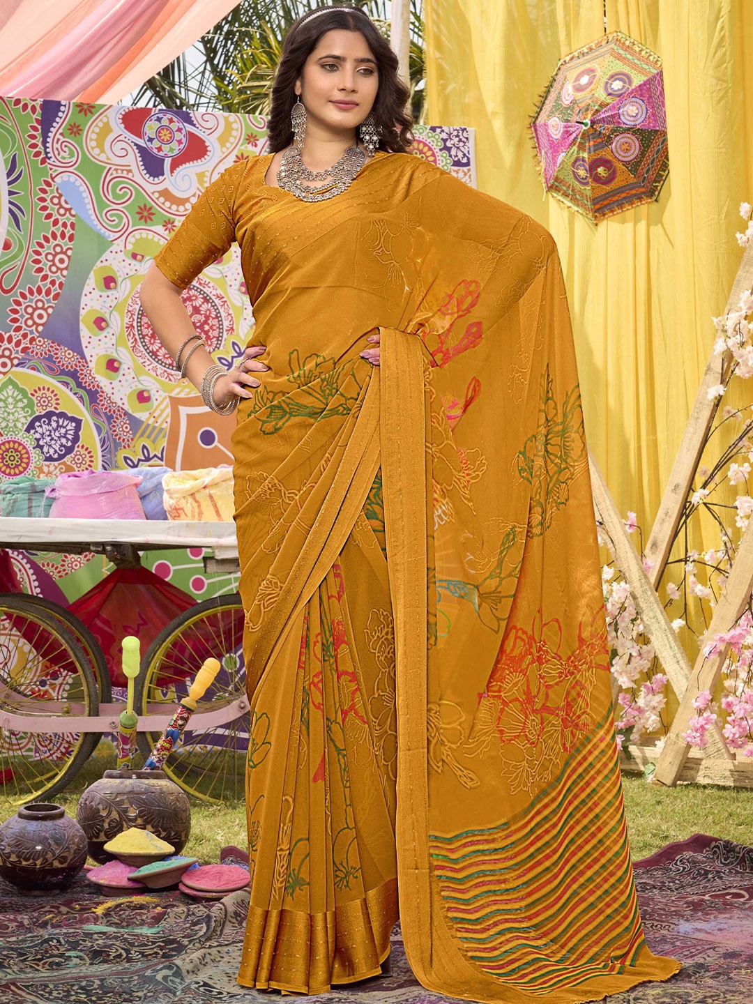 Mitera Printed Zari Saree, Yellow
