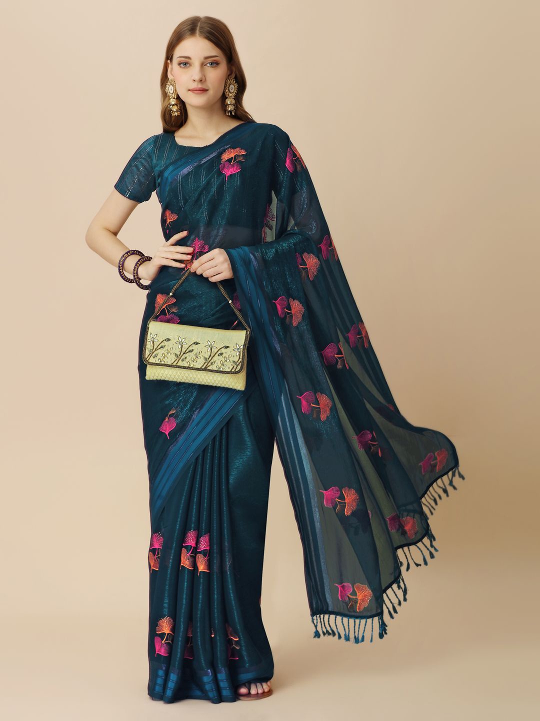 

HERE&NOW Floral Embroidered Saree With Blouse Piece, Navy blue