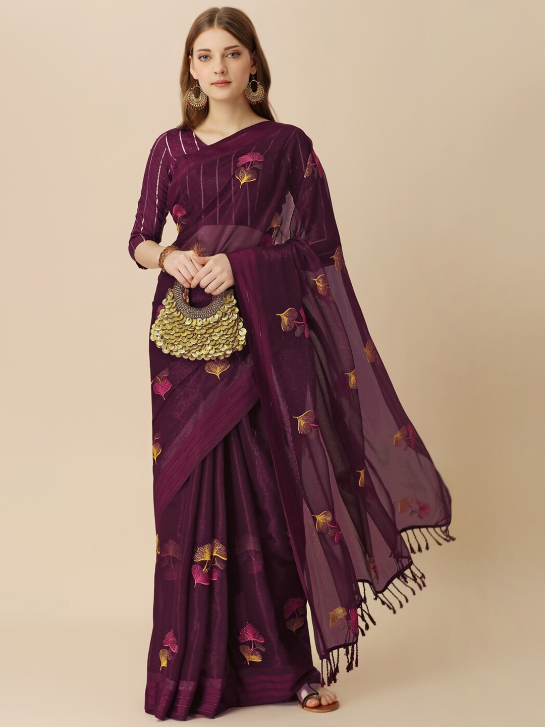 

HERE&NOW Floral Embroidered Saree With Blouse Piece, Burgundy