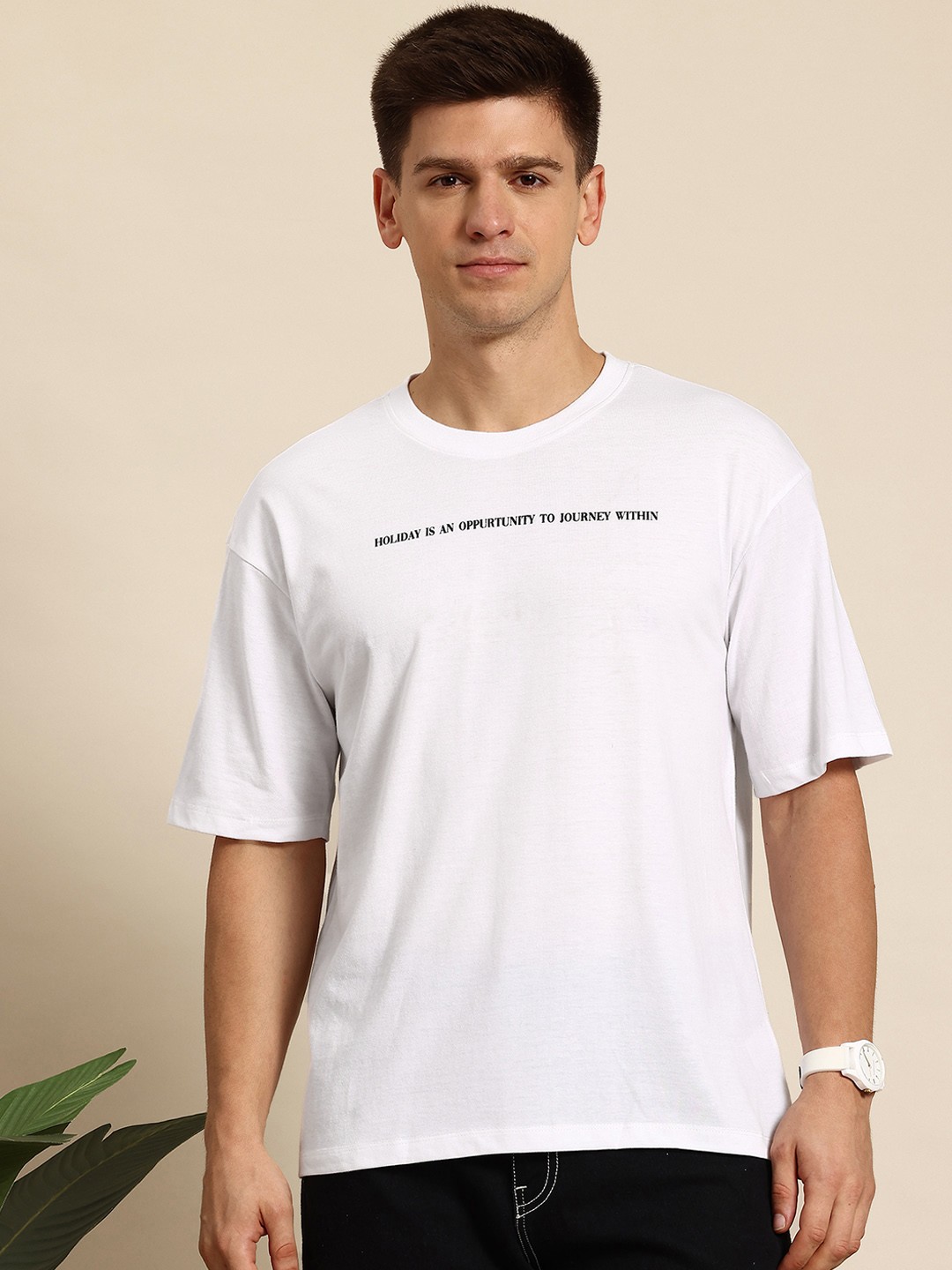 

Mast & Harbour Men Typography Printed Drop-Shoulder Sleeves T-shirt, White